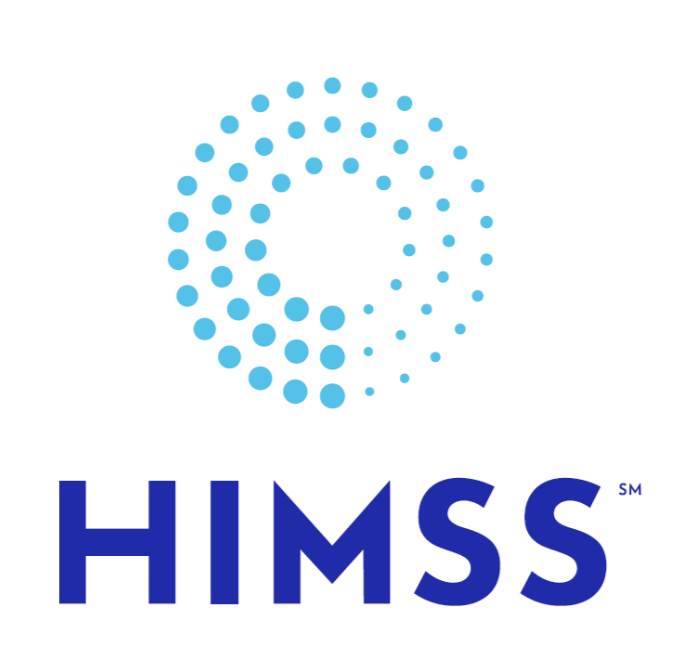 Logo of HIMSS with a blue dotted circular design and the acronym HIMSS in bold blue letters.