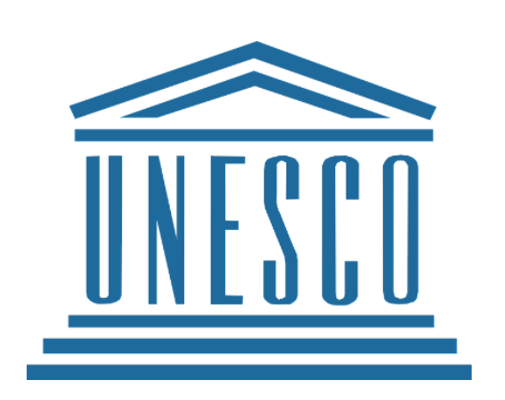 UNESCO logo with a stylized blue building and stairs