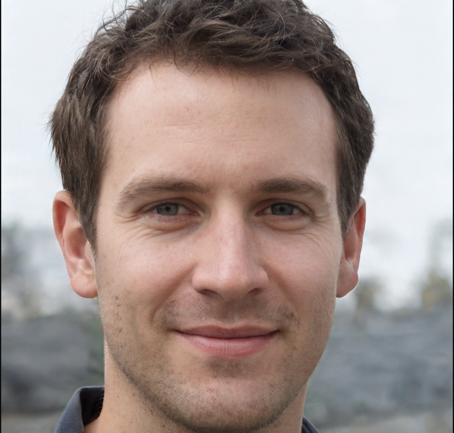 Close-up portrait of a young man with short brown hair, blue eyes, and light skin, smiling outdoors with a blurred natural background.