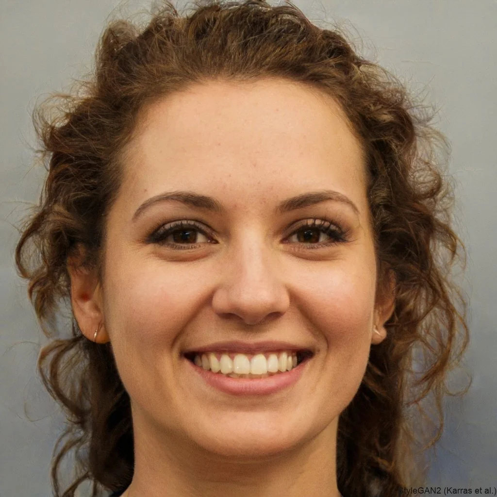 Close-up photo of a young woman smiling, with curly auburn hair and light skin, against a plain gray background.