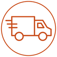Icon of a delivery truck with motion lines, inside an orange circular border.