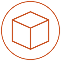 A logo featuring a cube inside a circle, with a black background and orange outline.