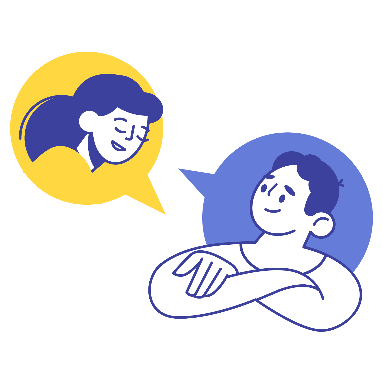 Illustration of two students in conversation, representing small-group language learning and personal attention at Hello Bridge Academy.