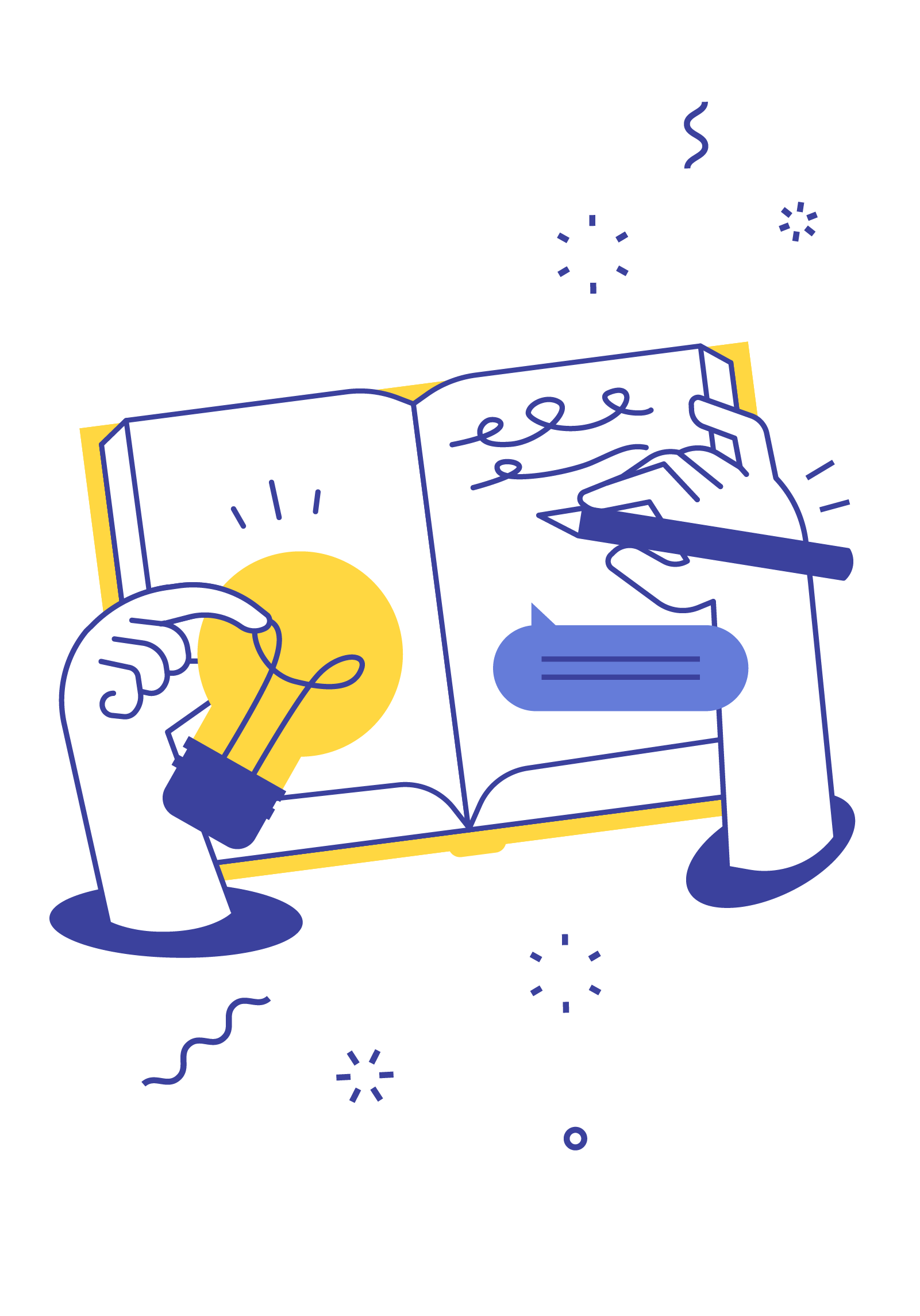 Illustration of hands writing in an open book, representing confidence, expression, and language learning at Hello Bridge Academy.