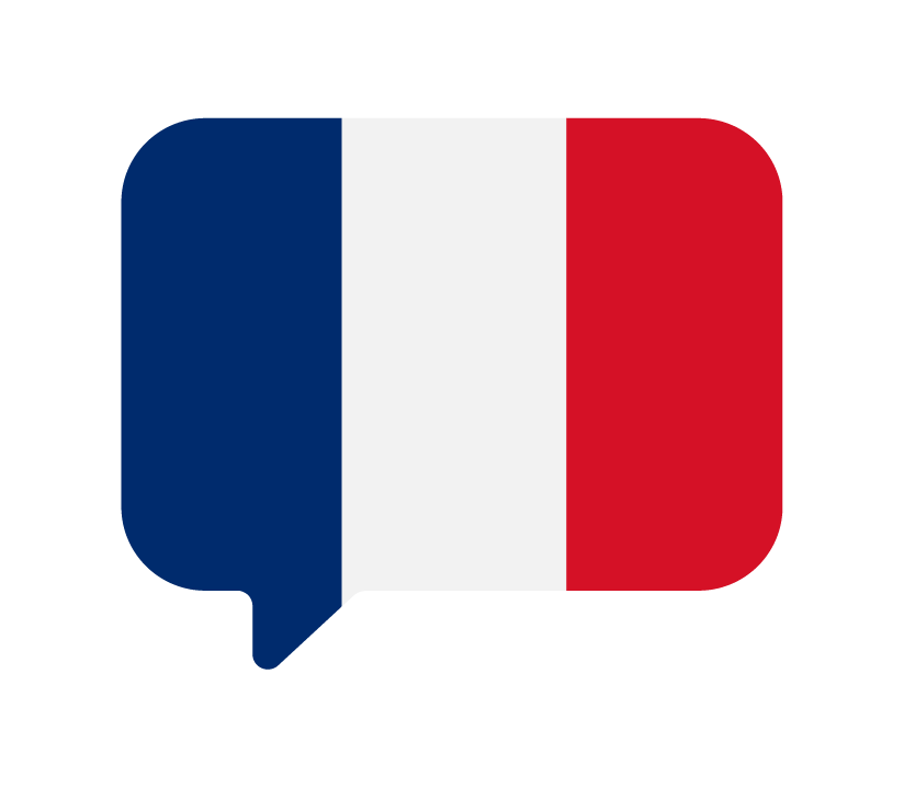 Speech bubble with the French flag colors: blue, white, and red.