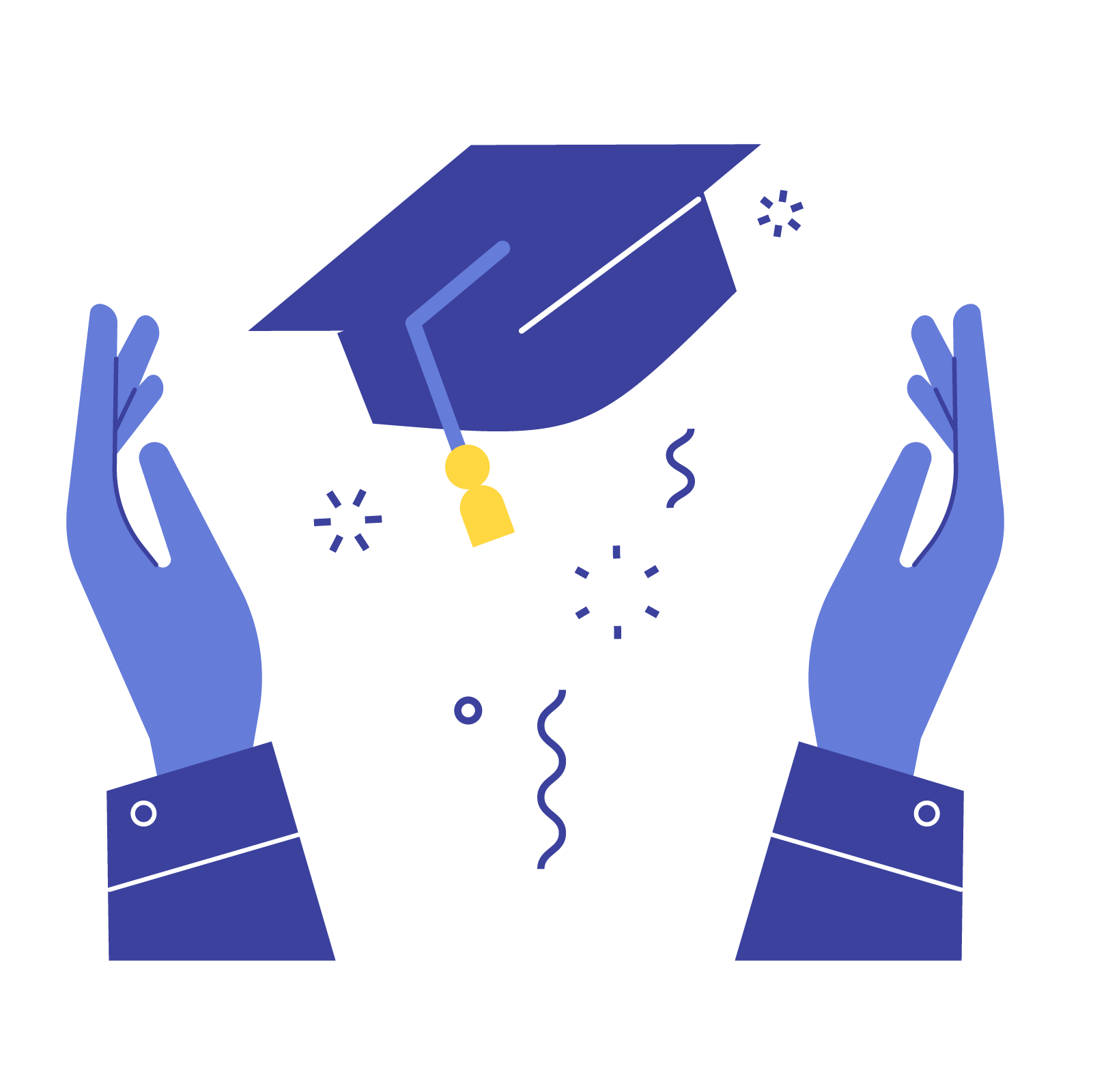 Illustration of a graduation cap between two hands, representing exam preparation and student achievement at Hello Bridge Academy.