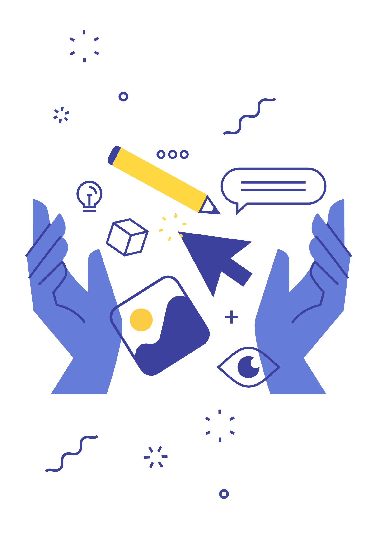 Illustration of hands holding creative learning symbols, representing care and personal attention at Hello Bridge Academy.