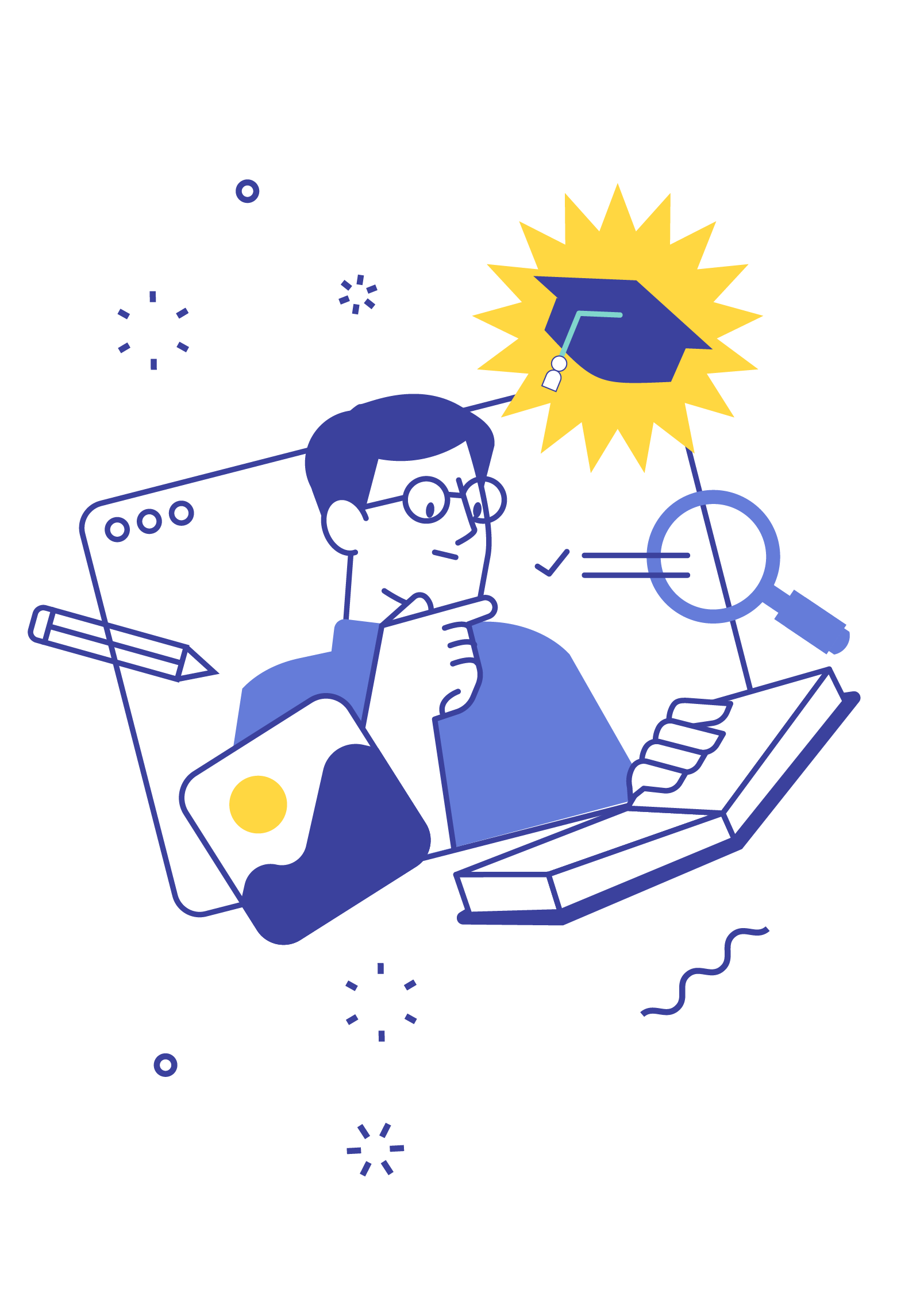Illustration of a student exploring books, notes, and learning symbols, representing curiosity and discovery at Hello Bridge Academy.