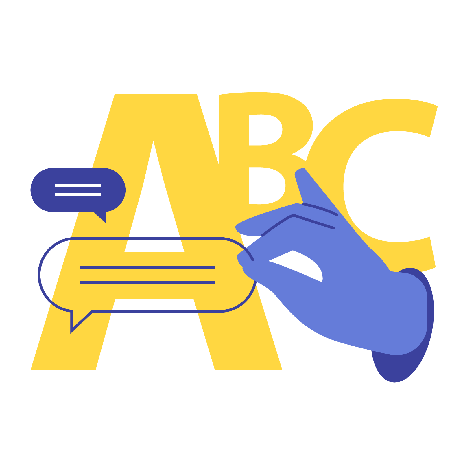 Illustration of ABC letters, speech bubbles, and a hand writing, representing confident language learning at Hello Bridge Academy.