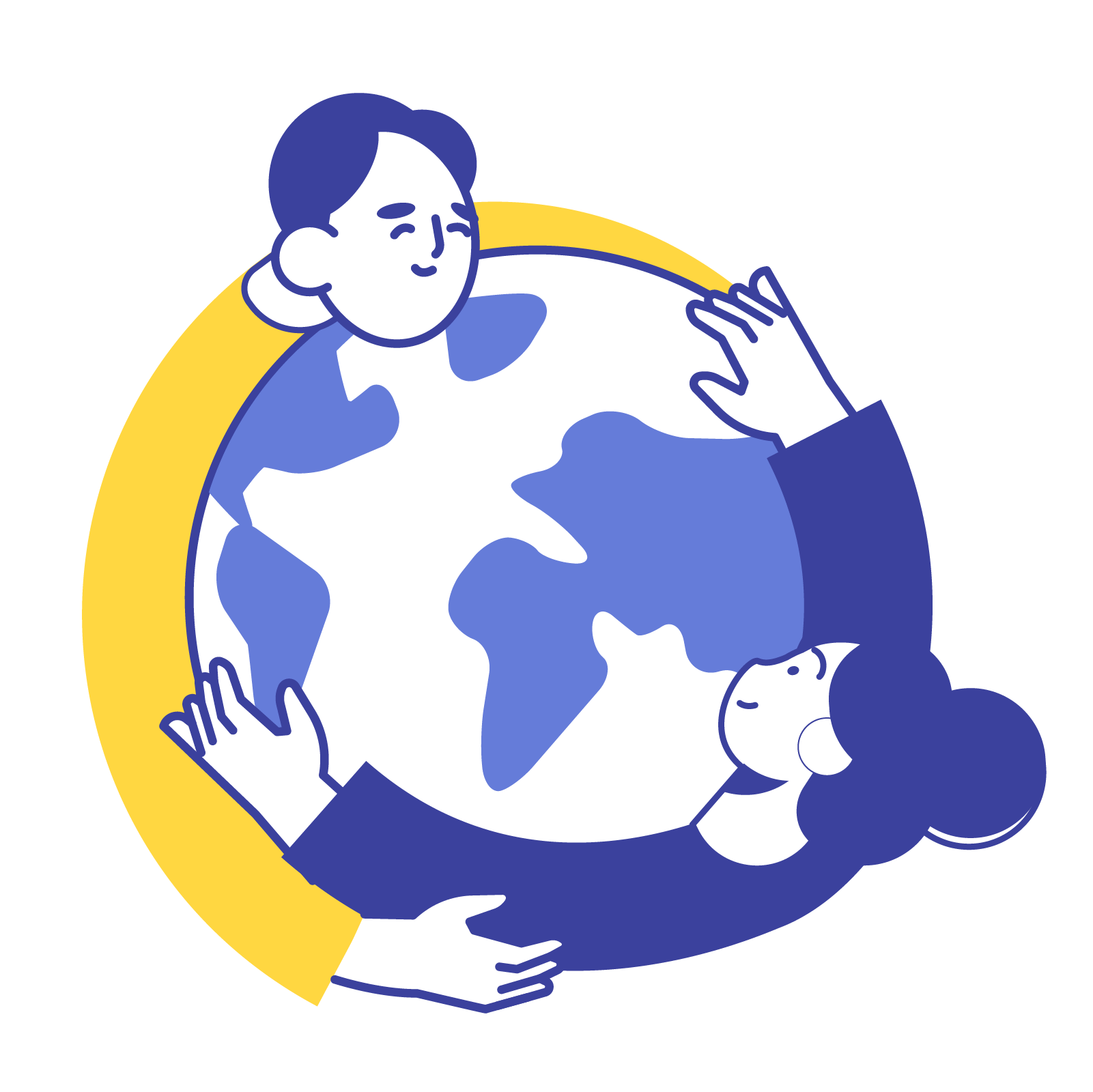 Illustration of two students holding a globe, representing language learning, cultural connection, and international communication at Hello Bridge Academy.