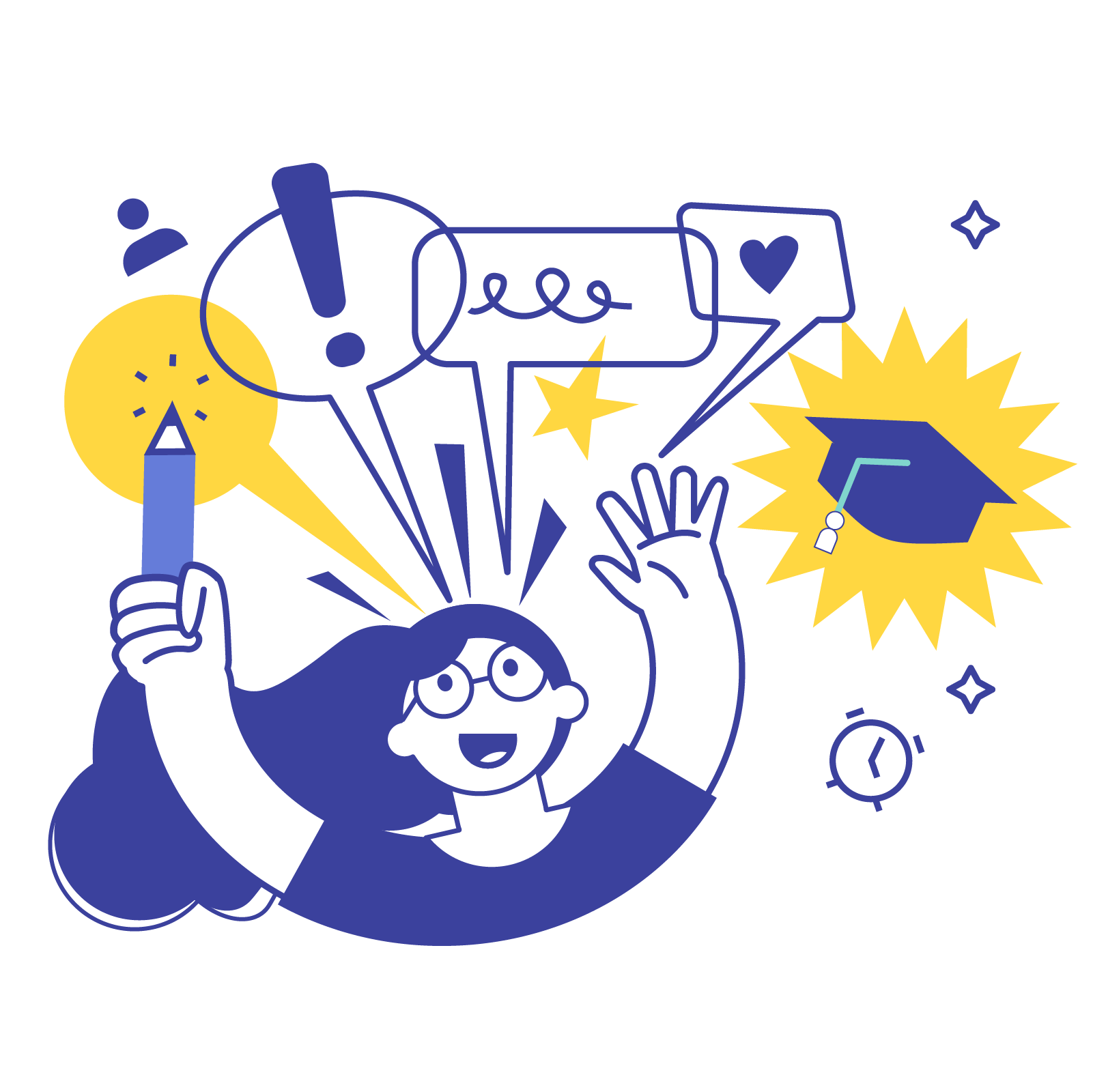 Illustration of a student surrounded by speech bubbles and learning symbols, representing real communication and active language practice at Hello Bridge Academy.