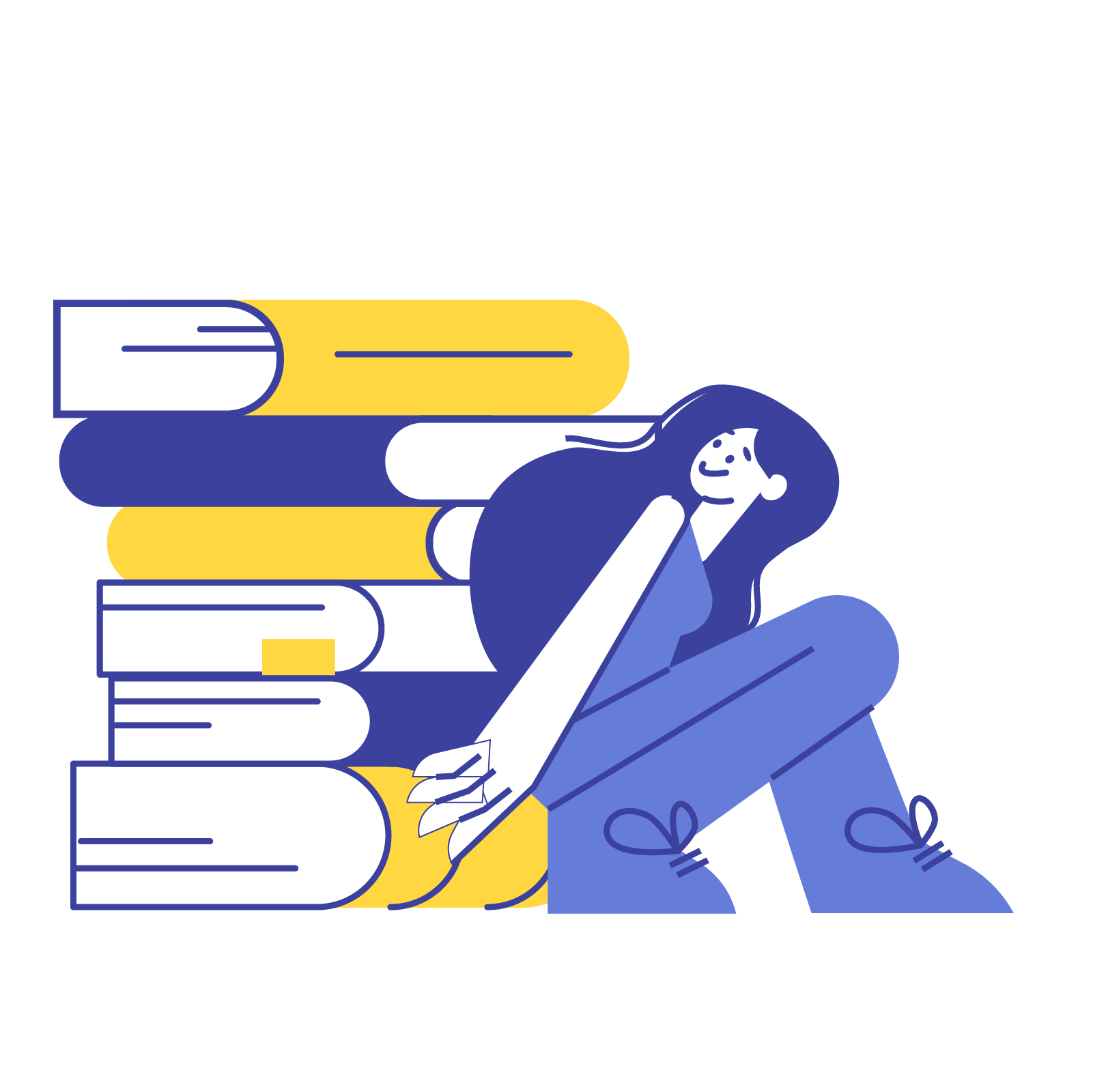 Illustration of a student sitting beside a stack of books, representing focused language study and academic progress at Hello Bridge Academy.