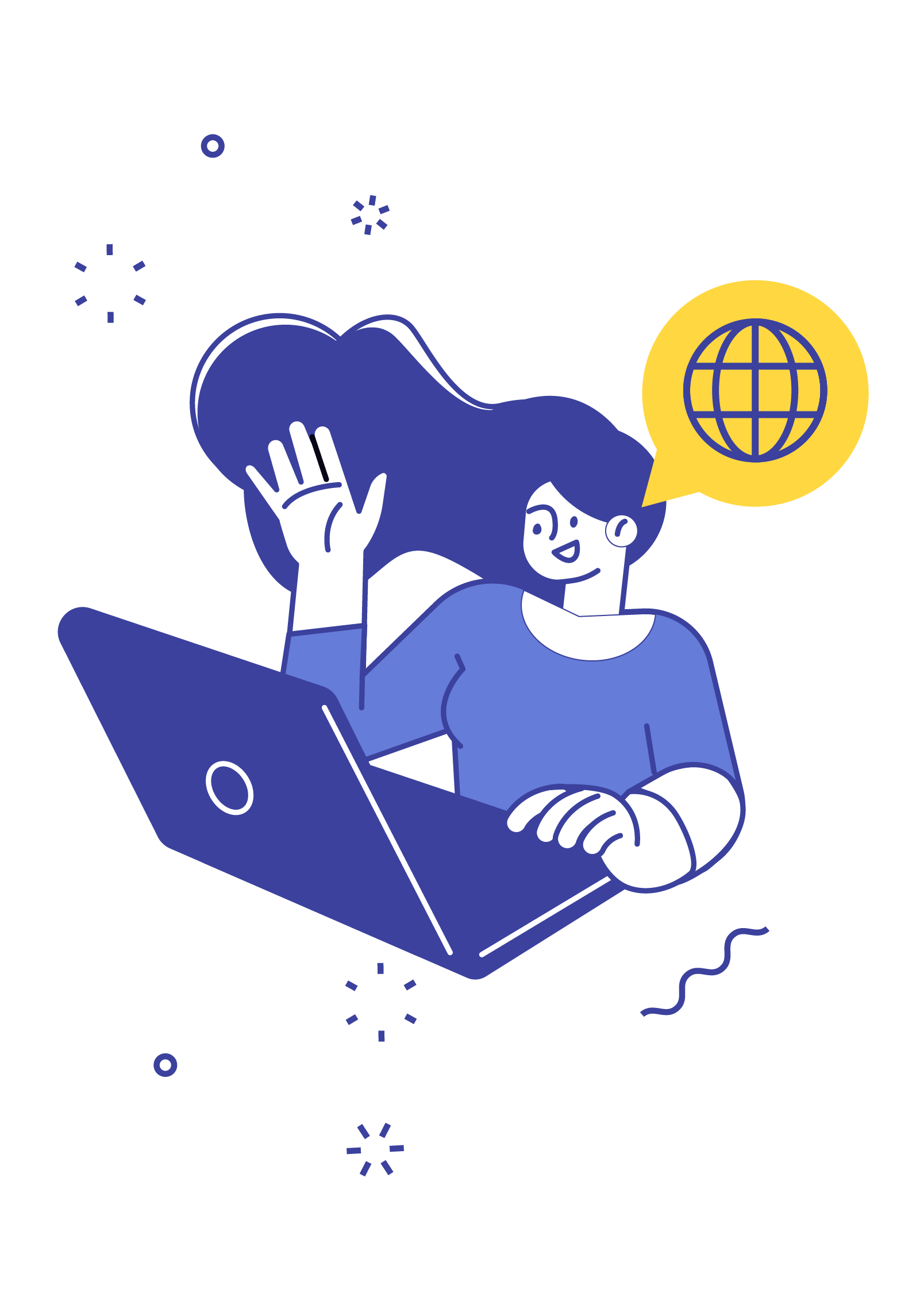 Illustration of a student using a laptop with a globe speech bubble, representing connection through language at Hello Bridge Academy.