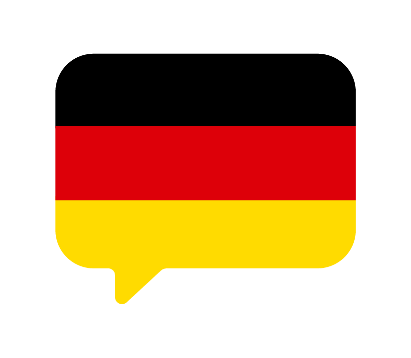 Speech bubble with the flag of Germany, which has three horizontal stripes in black, red, and gold.
