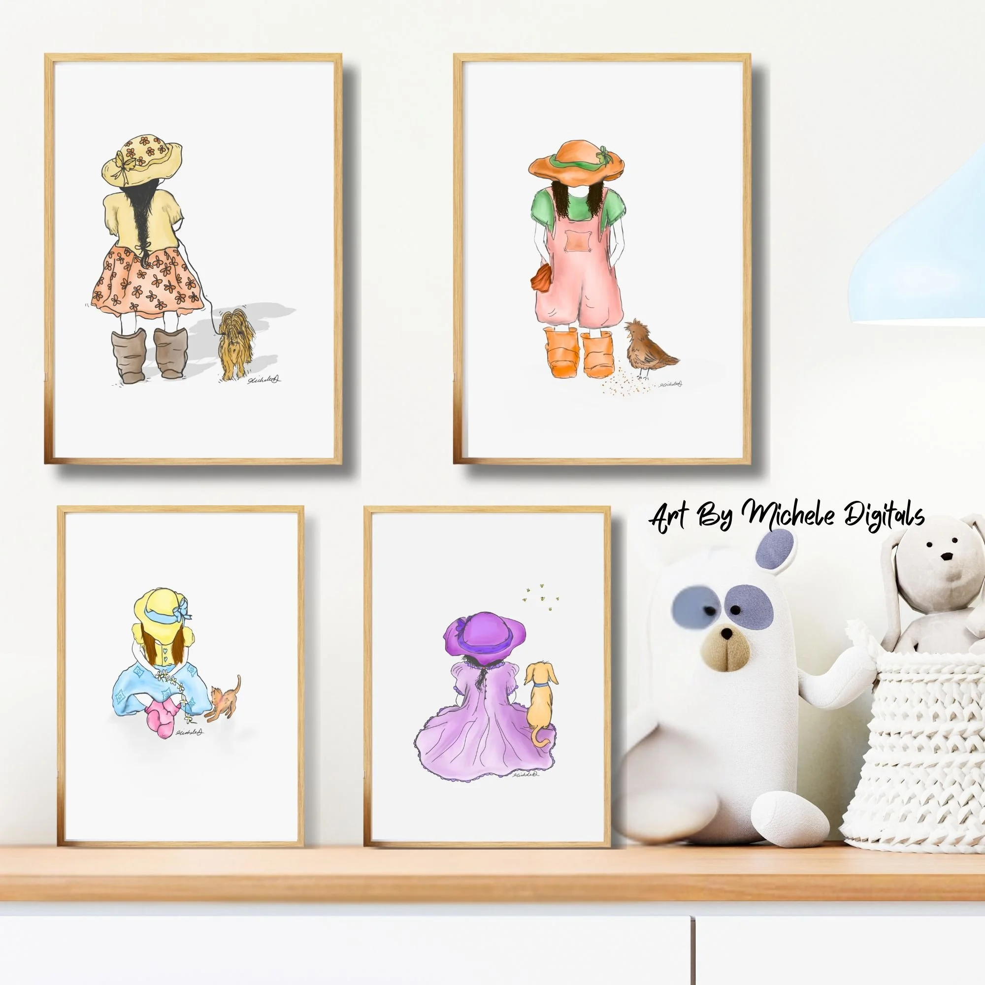 Set of four framed illustrations of girls from behind, each wearing large hats and colorful outfits, with small animals nearby, displayed on a wall with decorative objects at the bottom.