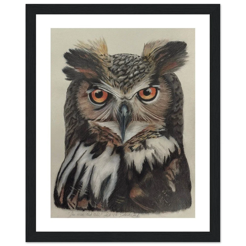 Framed Eagle Owl Art Print – Colour Pencil Wildlife Wall Art