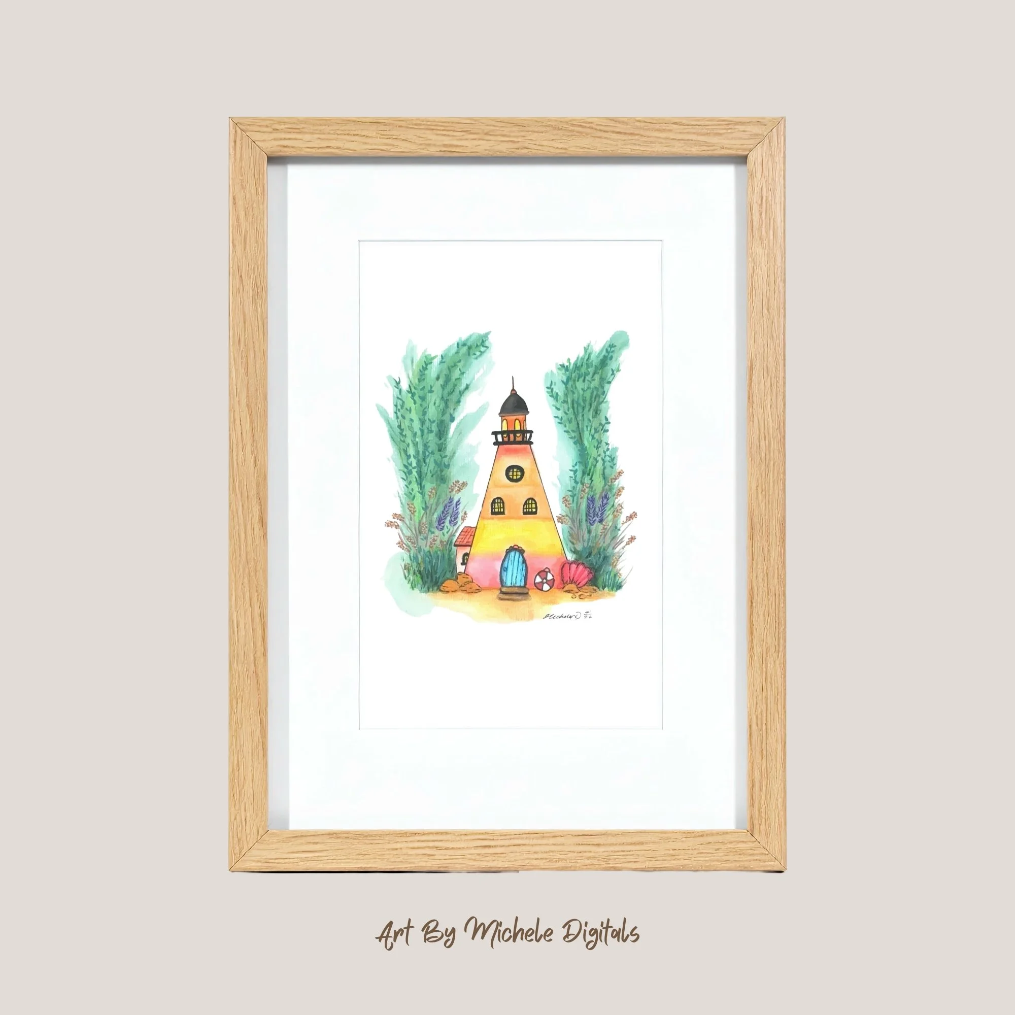 A framed watercolor painting of a whimsical house with a lighthouse design, surrounded by tall green plants, on a gray background with the text "Art By Michele Digitals" at the bottom.