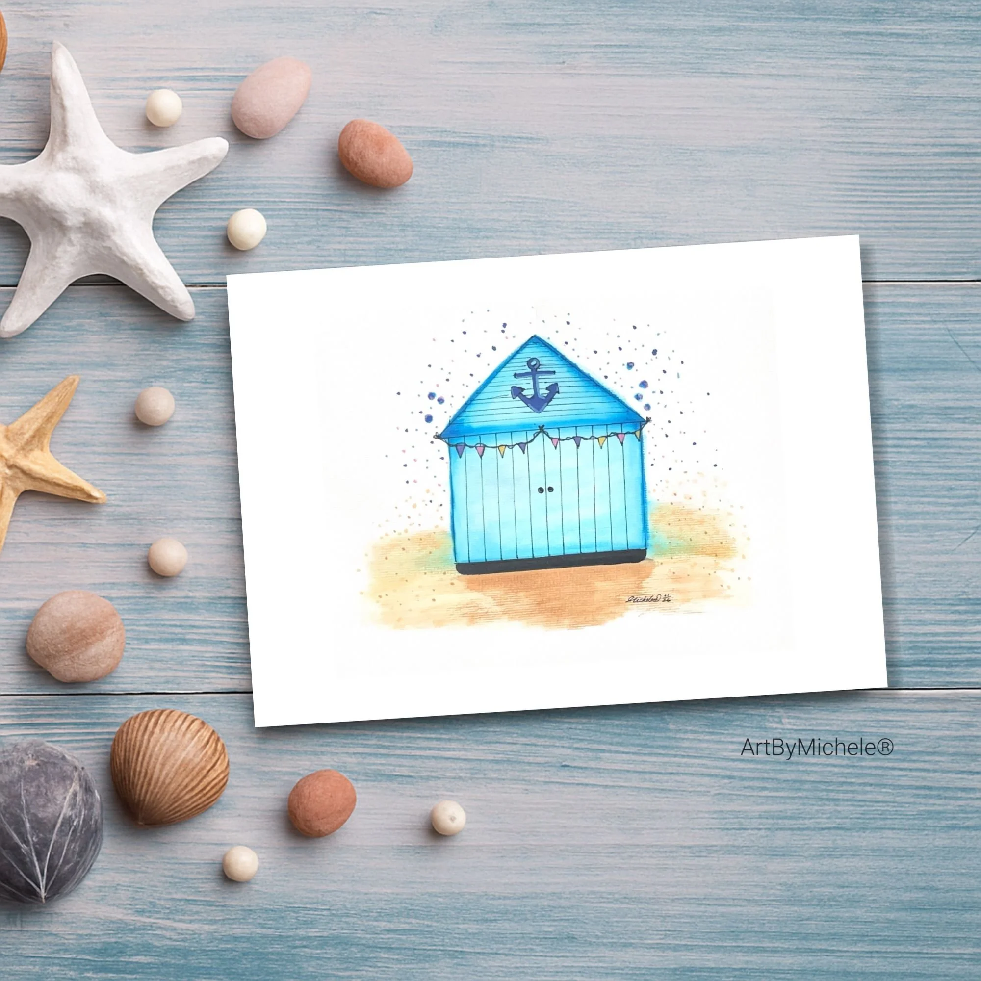 Watercolour Whimsical Beach Hut Illustration Print