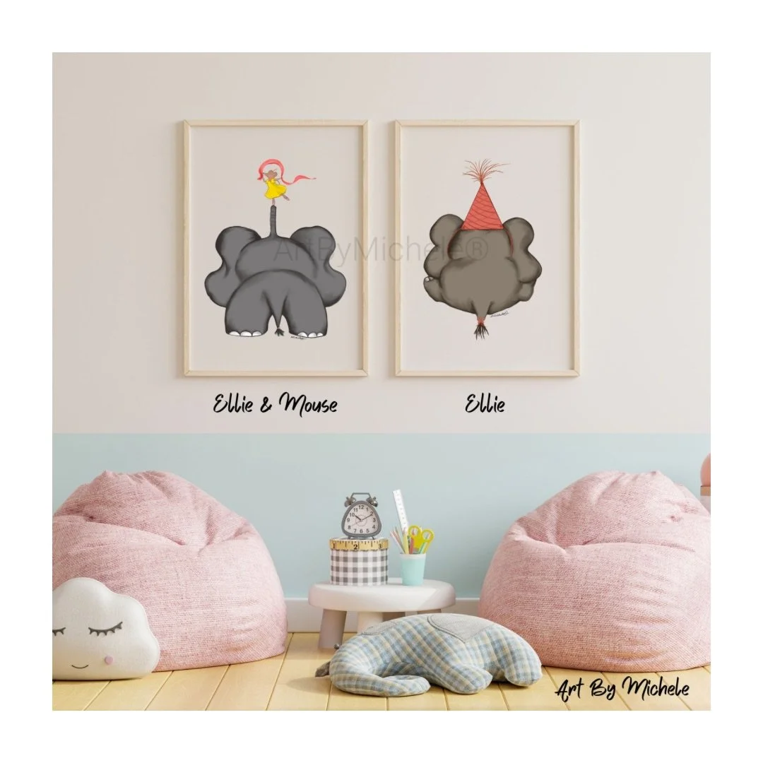 Ellie Elephant & Mouse Print Set – Whimsical Nursery Wall Art (Set of 2 or sold Individually)