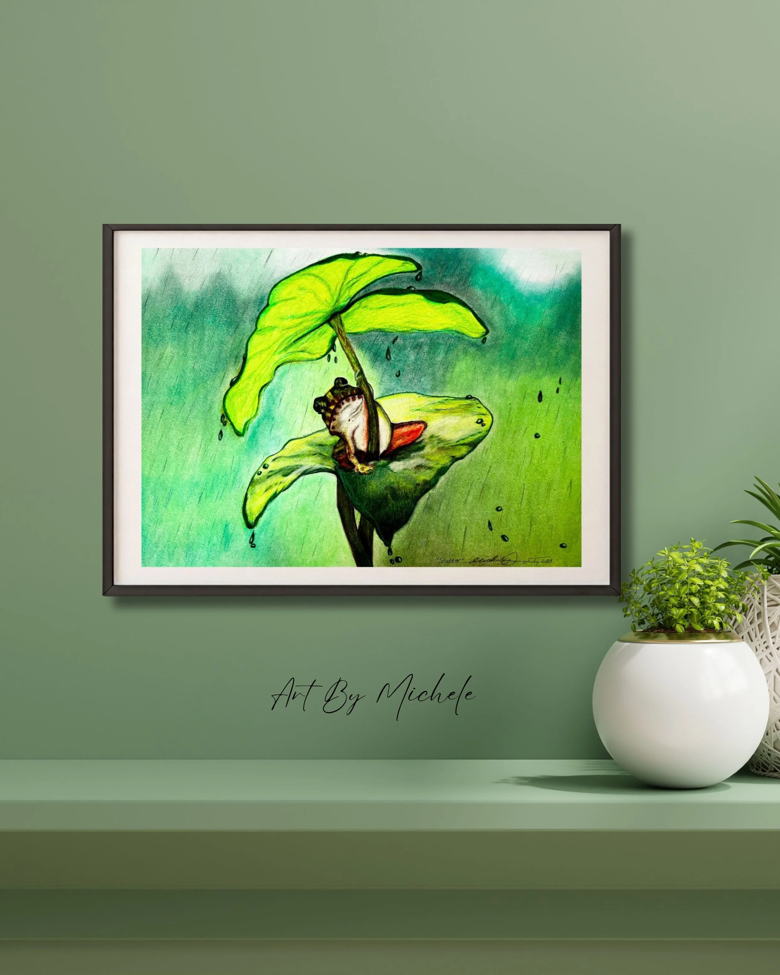 Original 'Shelter' Frog Leaf Colour Pencil Drawing – Wildlife Art