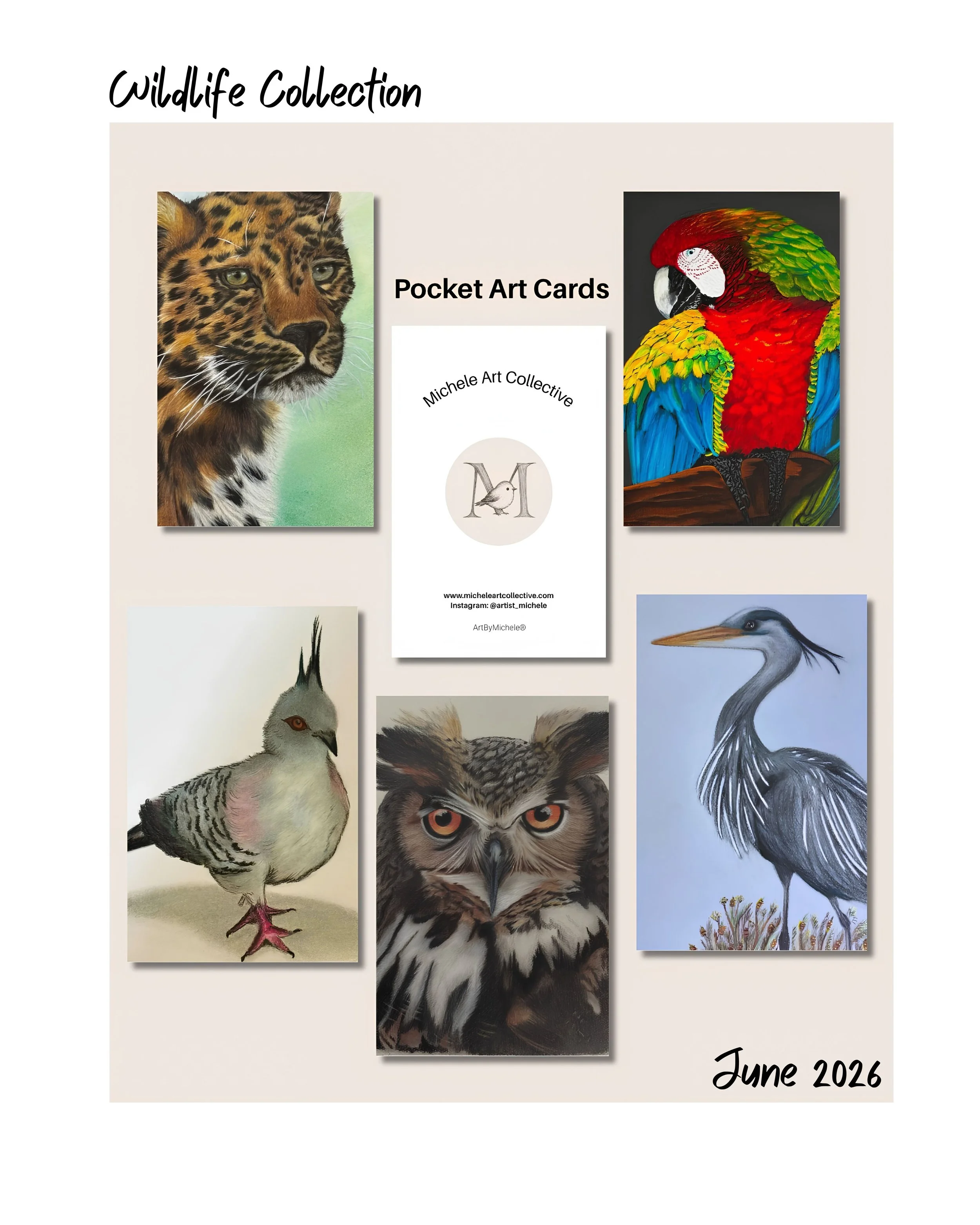 Display of wildlife artwork and card collection with a leopard, an owl, and a parrot, titled 'Wildlife Collection' by Michele Art Collective, dated June 2026.