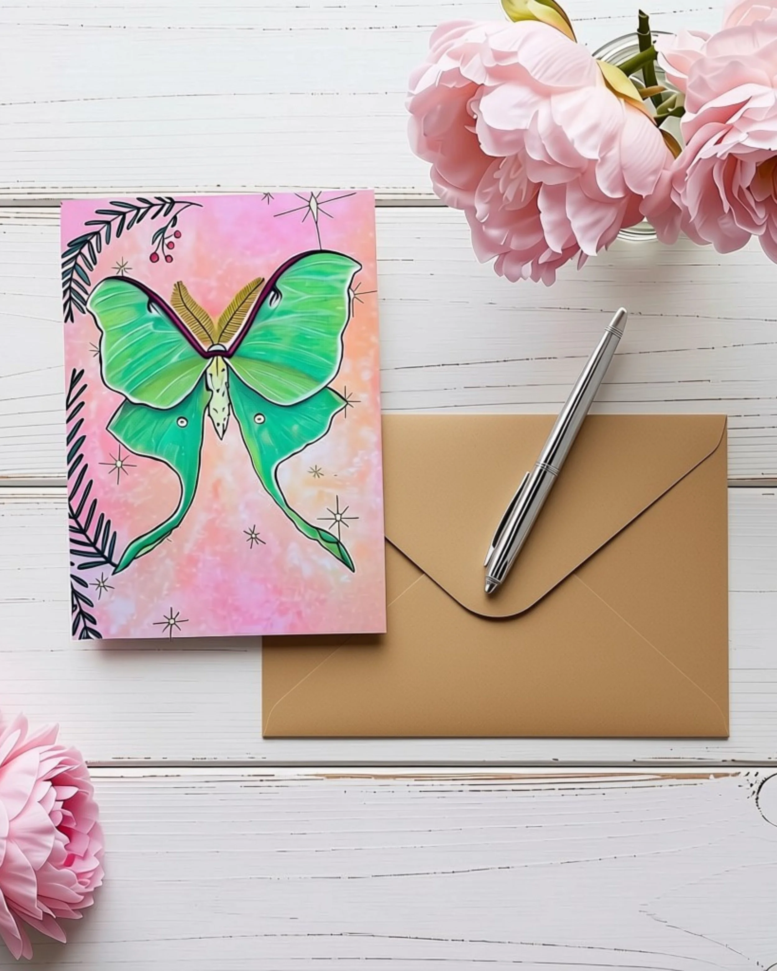 Luna Moth Greeting Card – 7x5”  Whimsical Nature-Inspired Art