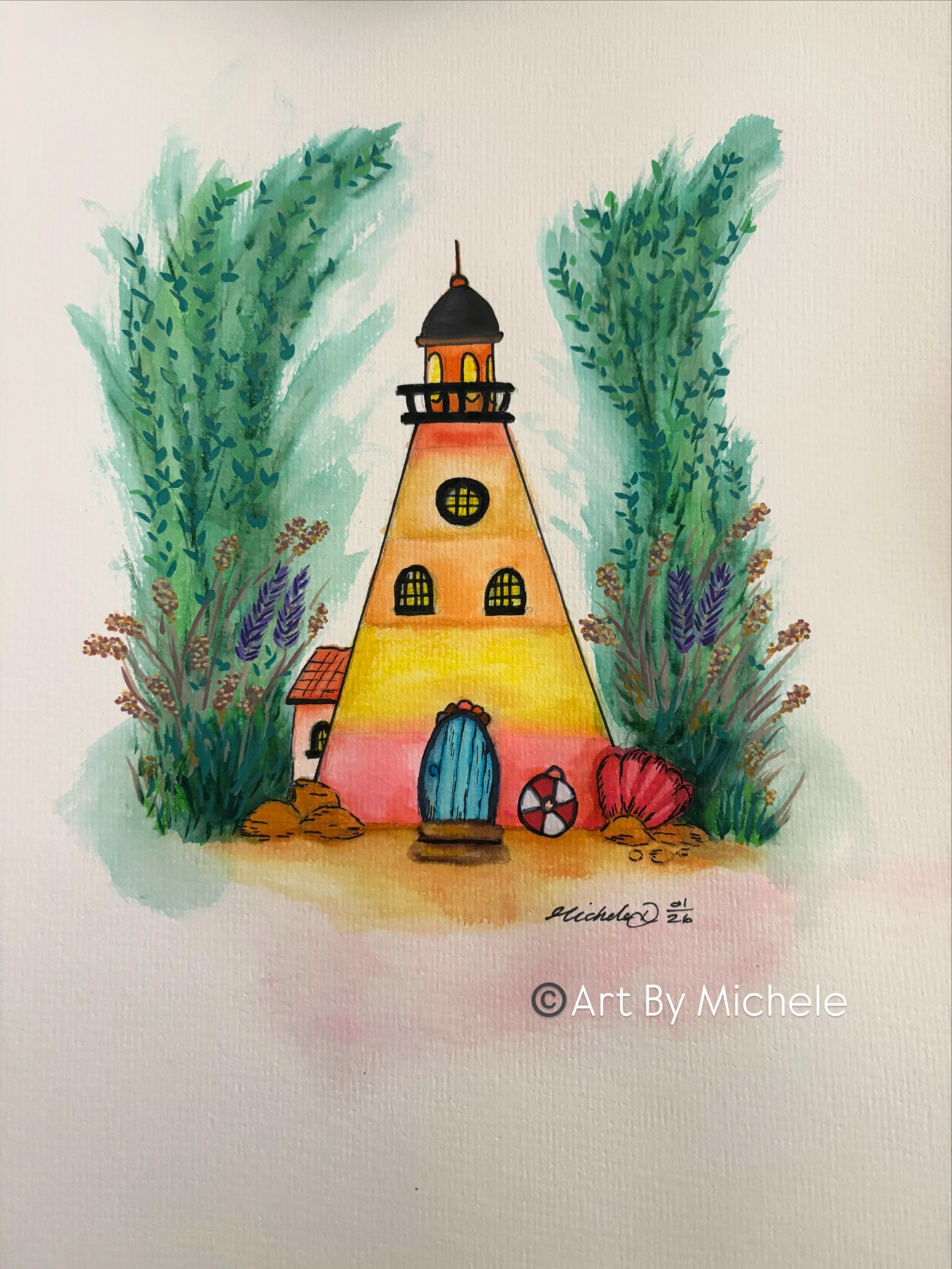 Whimsical Lighthouse Original Artwork, 9x12, Mixed Media