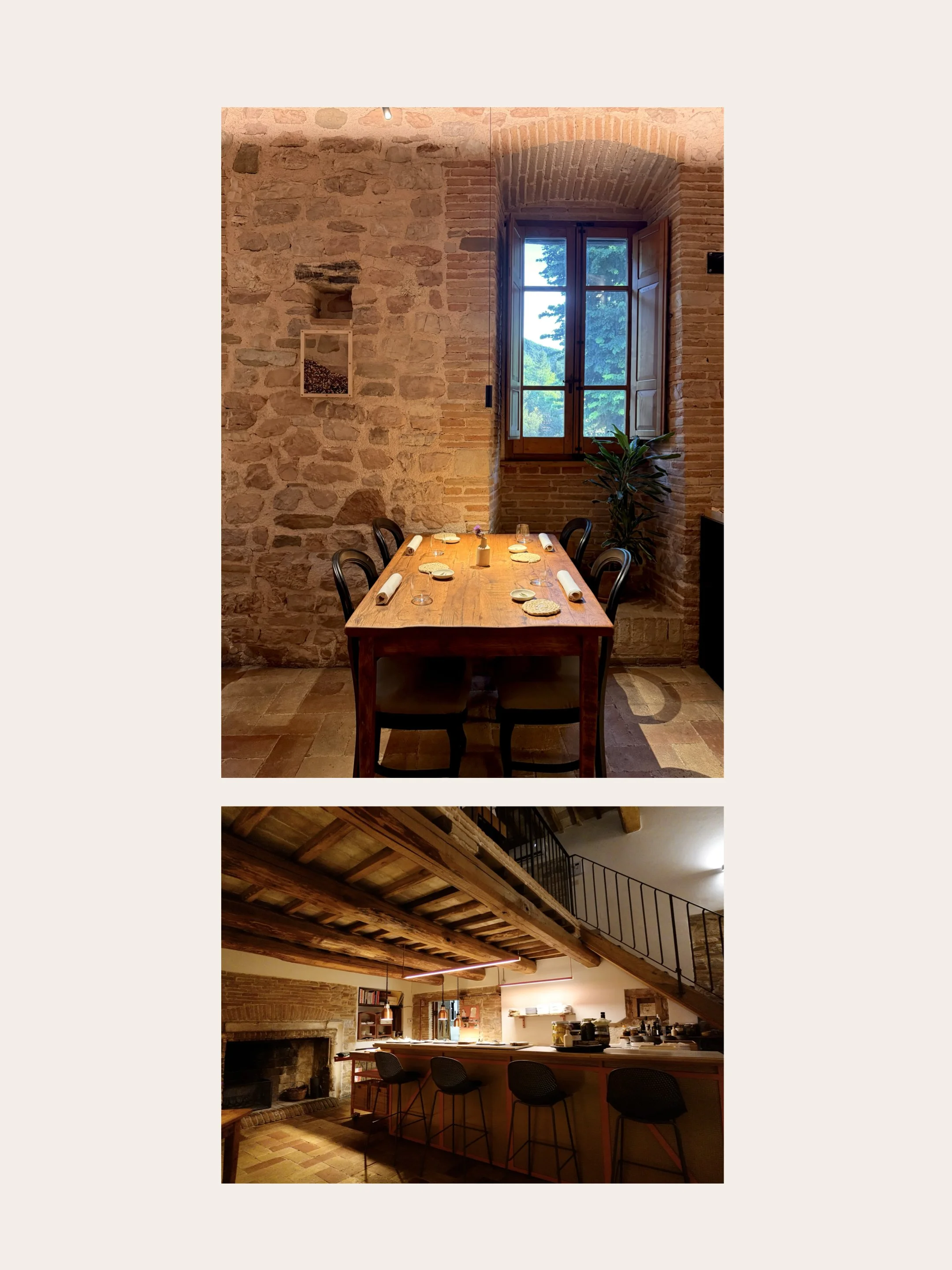 A table set for four in UNE’s stone-and-timber dining room, with the Umbrian landscape visible through the window. The plating counter, open hearth and exposed beams inside UNE restaurant.