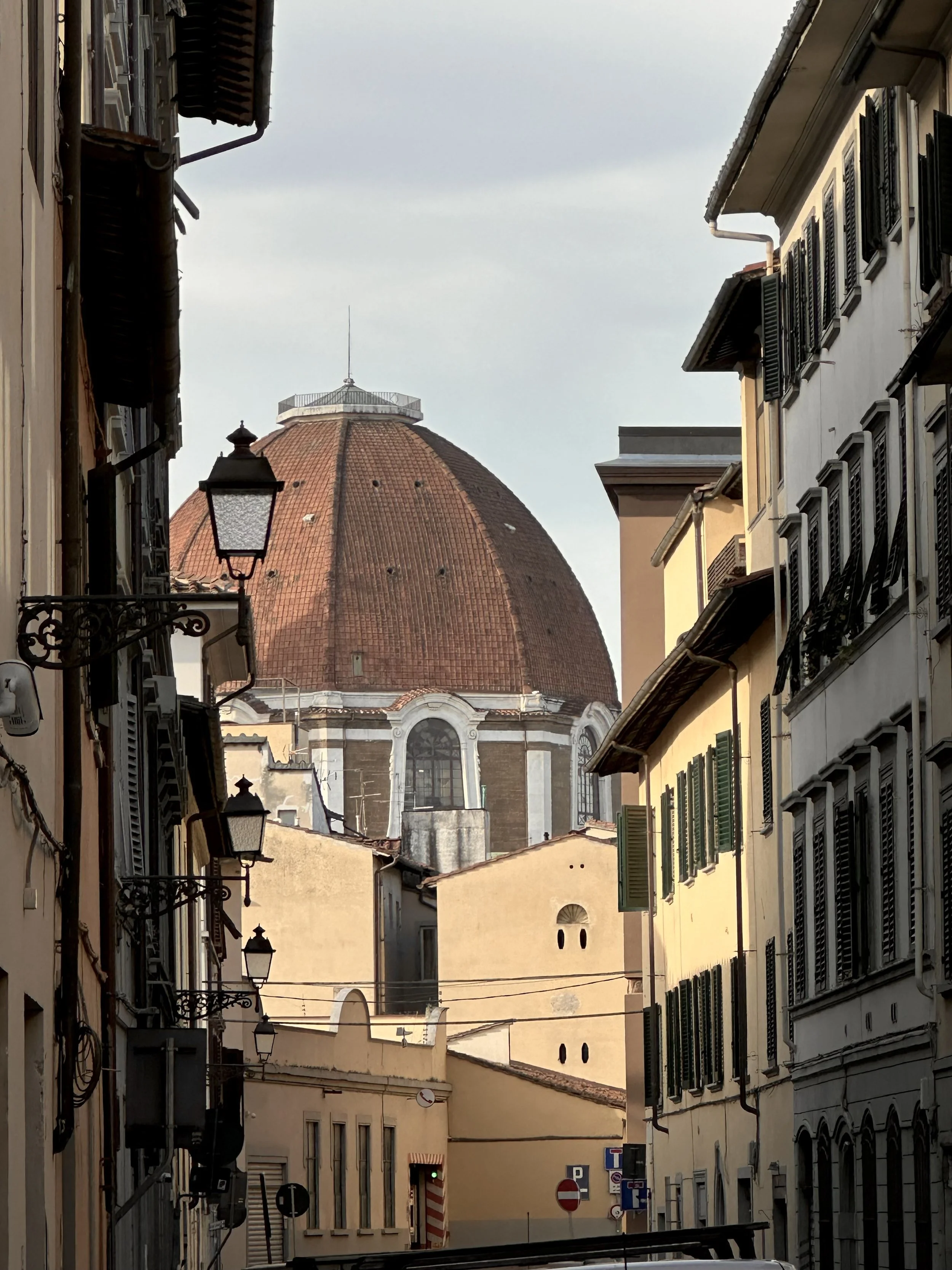 Narrow street lined with tall buildings on both sides, with shutters on windows and street lamps. In the background, a large historic domed building with a red tile roof is visible.
