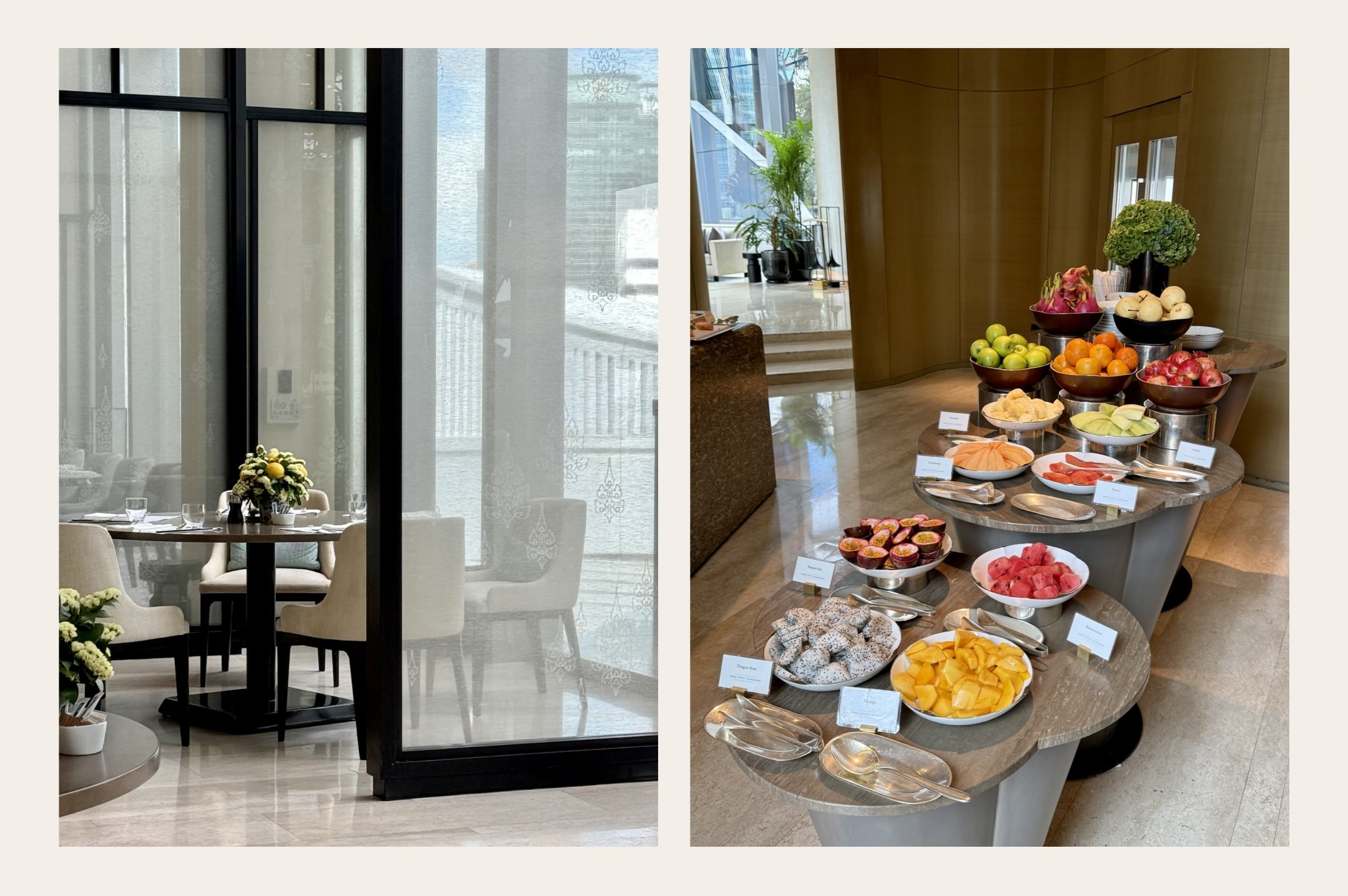 A breakfast table with pale upholstered chairs and flowers beside black-framed translucent patterned screens. Bowls and platters of colourful cut fruit on overlapping curved display tables at breakfast.