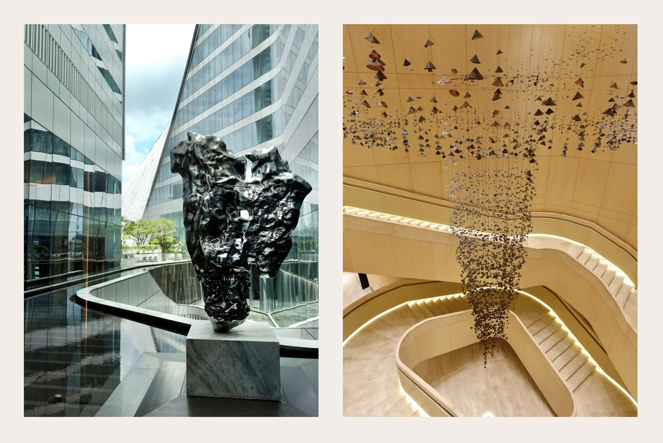 An irregular reflective silver sculpture against glass and geometric building facades. Hundreds of copper elements form a tapering suspended installation above a curved staircase.