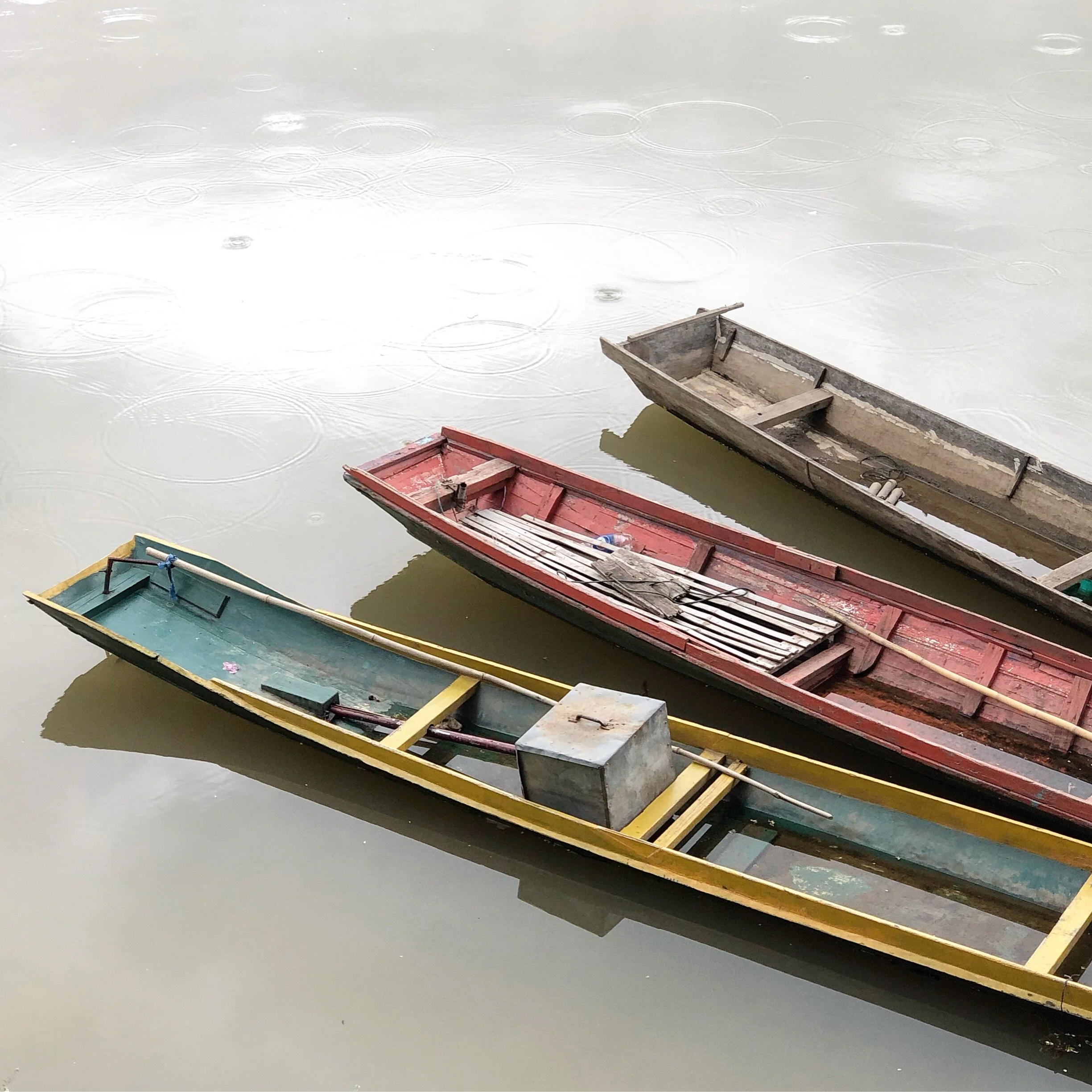 three long narrow wooden boats floating in pale, silvery water. The nearest boat is yellow and green; the others are red and natural wood.