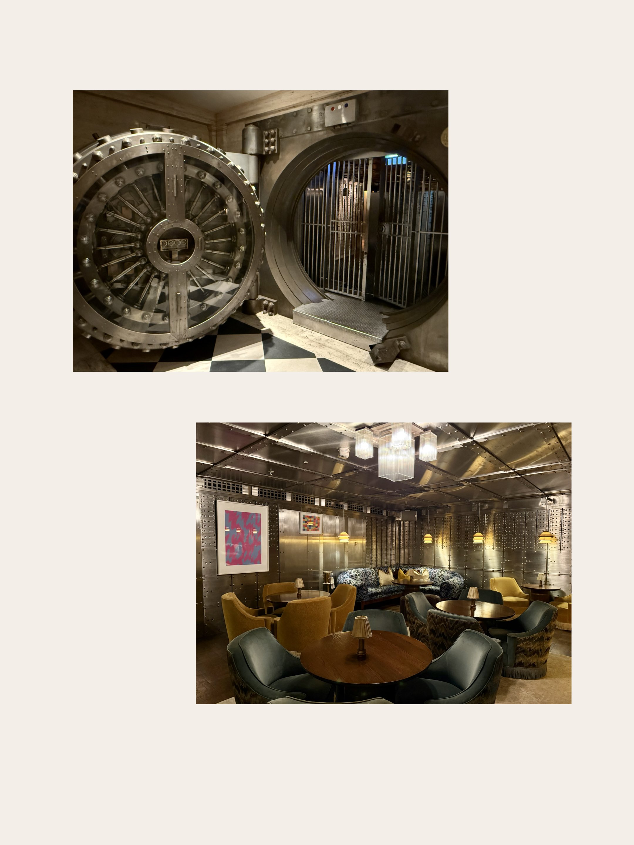 The enormous circular metal vault door at The Ned stands open beside a barred entrance, with its bolts and locking mechanism visible above black-and-white flooring.