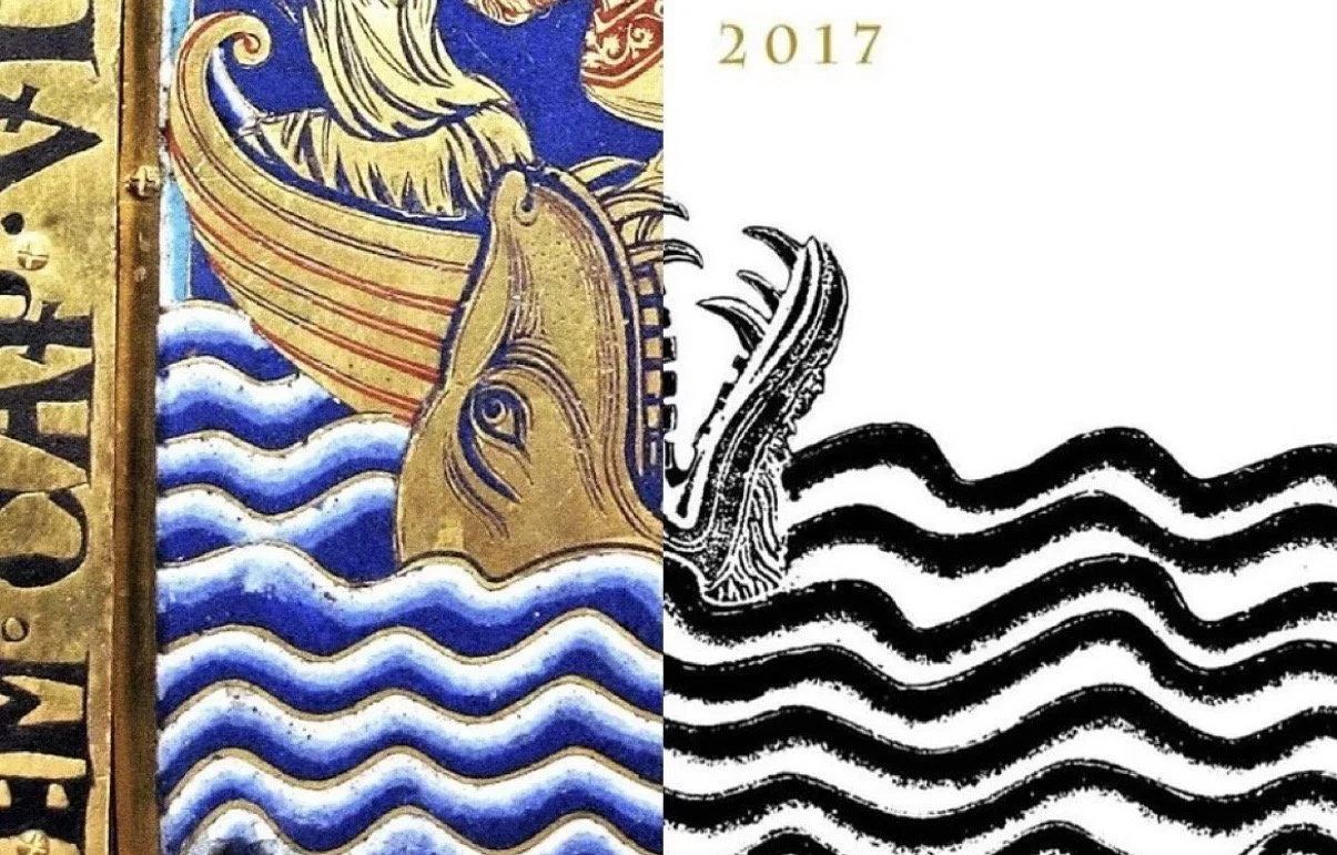 Side-by-side comparison of the medieval Jonah and the whale enamel and Terramante’s black-and-white Porcamiseria wine label.