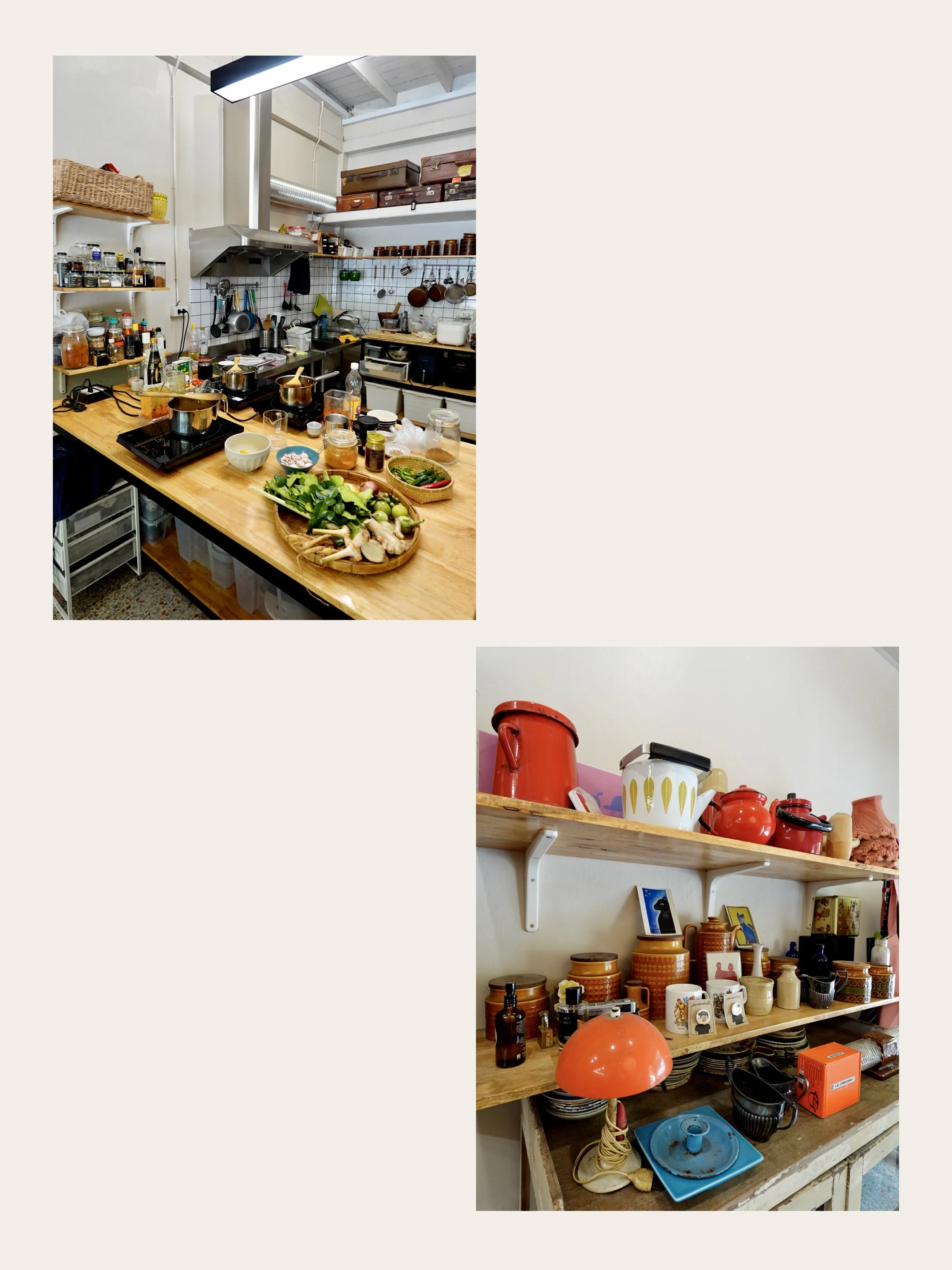 Kitchen counter with three saucepans on induction hobs, woven trays of ingredients, hanging utensils and stacked suitcases on a high shelf.