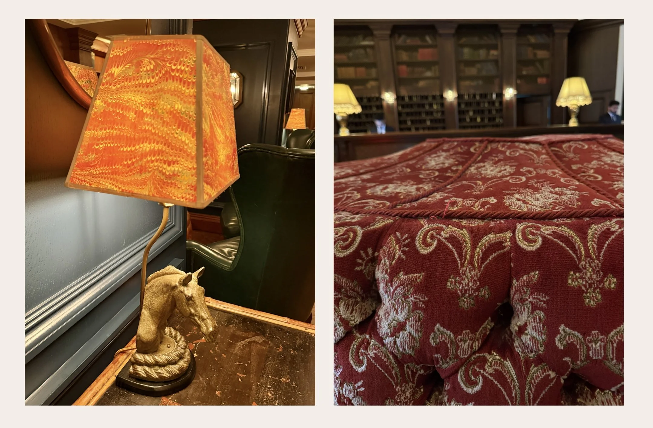 A horse-head lamp with a glowing orange patterned shade stands on a worn tabletop beside dark panelling and green leather seating at The Ned.