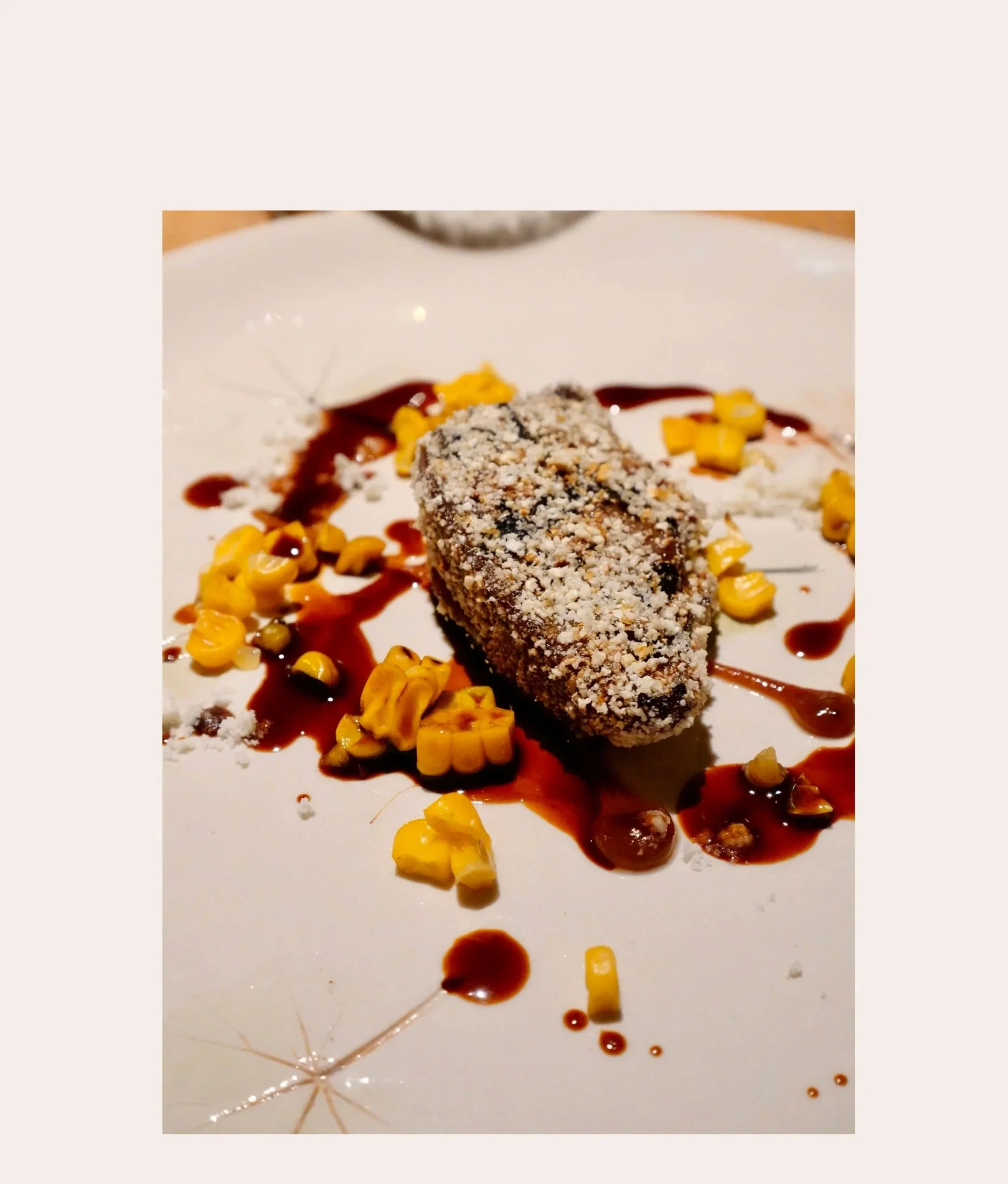 Pigeon with brewer’s yeast, popcorn and sweetcorn on a white plate at UNE.