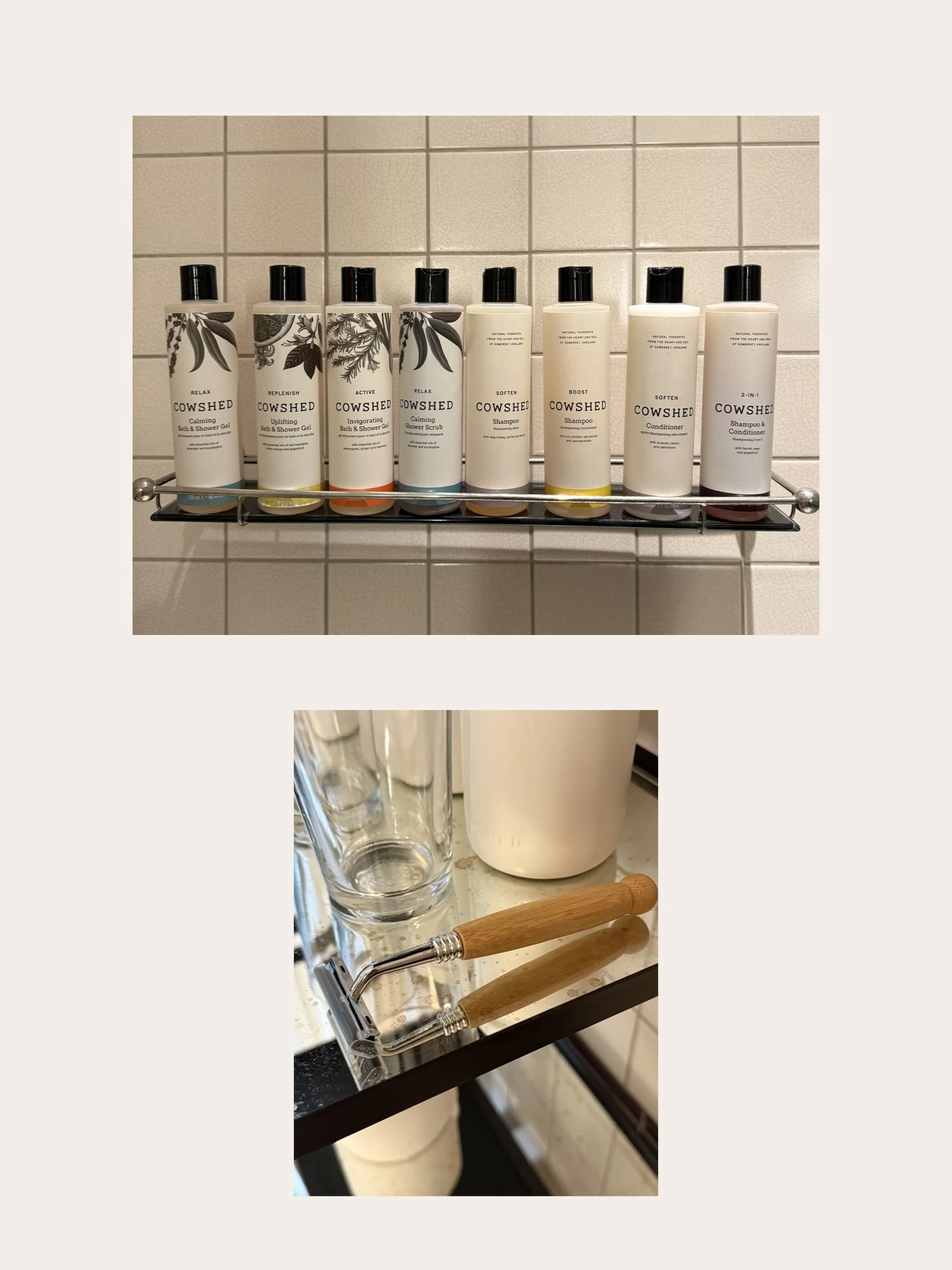 Eight Cowshed bottles arranged on a chrome shower shelf against cream crackle-effect tiles with a burgundy border, offering shower gels, a scrub, shampoos and conditioners.