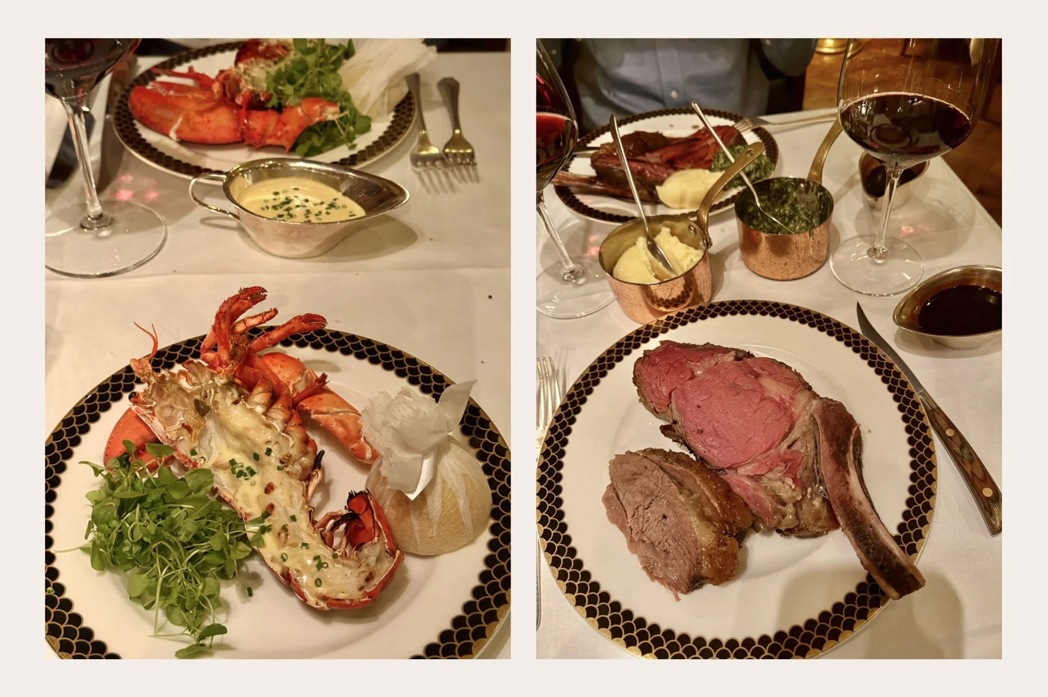 Slices of prime rib with a rosy centre and rib bone at Lutyens Grill, with copper pots of mashed potato and spinach, a sauce boat of jus and glasses of red wine.