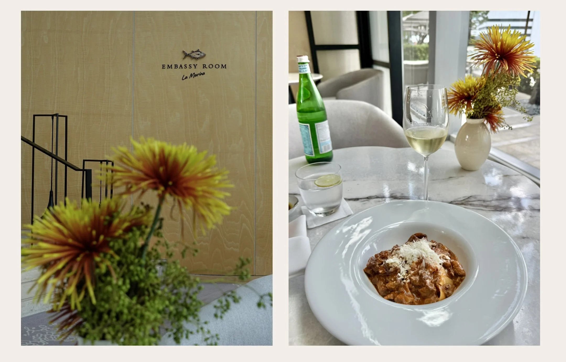 Embassy Room La Marina lettering and a fish emblem on a pale wall, with yellow-orange flowers in the foreground. Pappardelle with chunky meat ragù and grated cheese beside a stemmed glass and yellow-orange flowers.