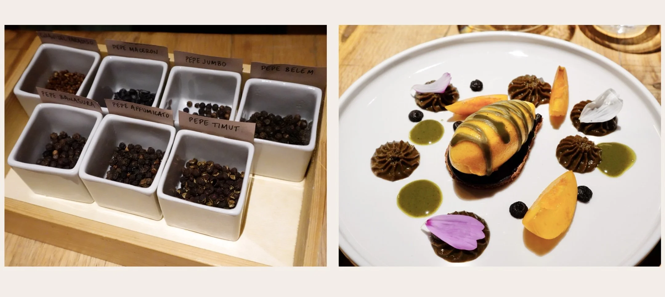 Different varieties of pepper presented with handwritten labels for guests to smell. An apricot, pumpkin seed, chocolate and pepper dessert arranged like a painter’s palette.