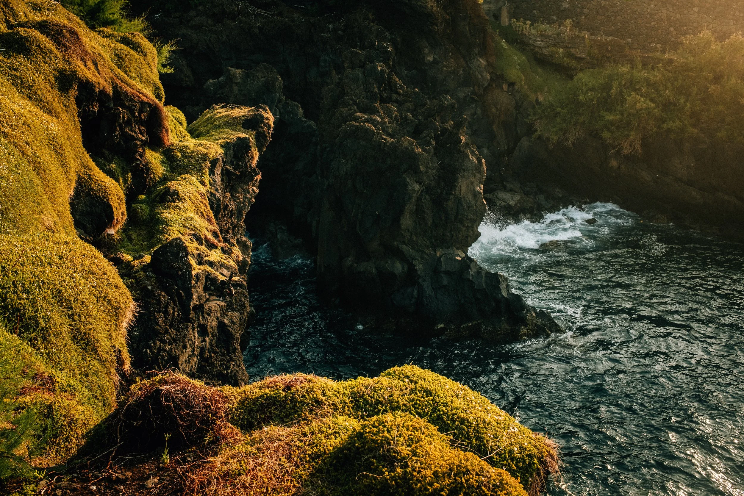 Sunlight illuminates moss-covered rocks along a rugged coastline with waves crashing against the rocks and green vegetation on the cliffs.
