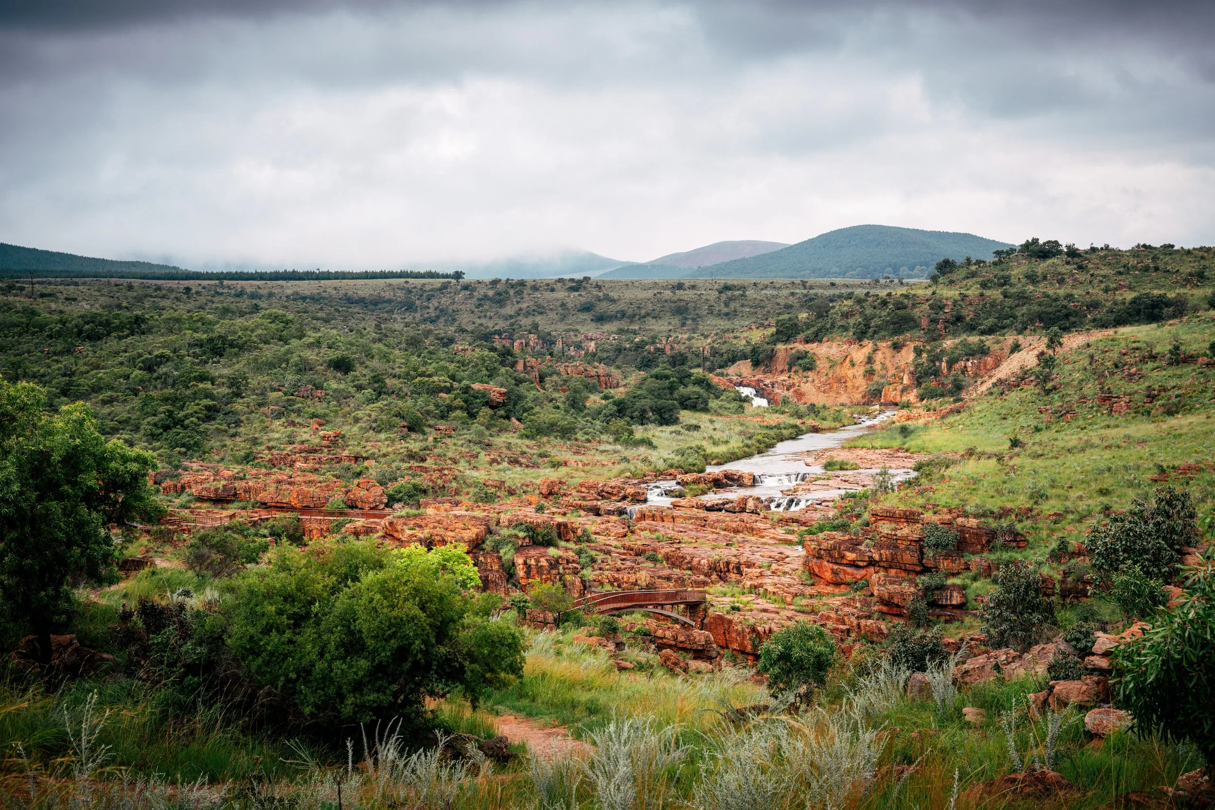 Scenic view of a lush green valley with rocky formations, a river flowing through it, and mountains in the background under a cloudy sky.