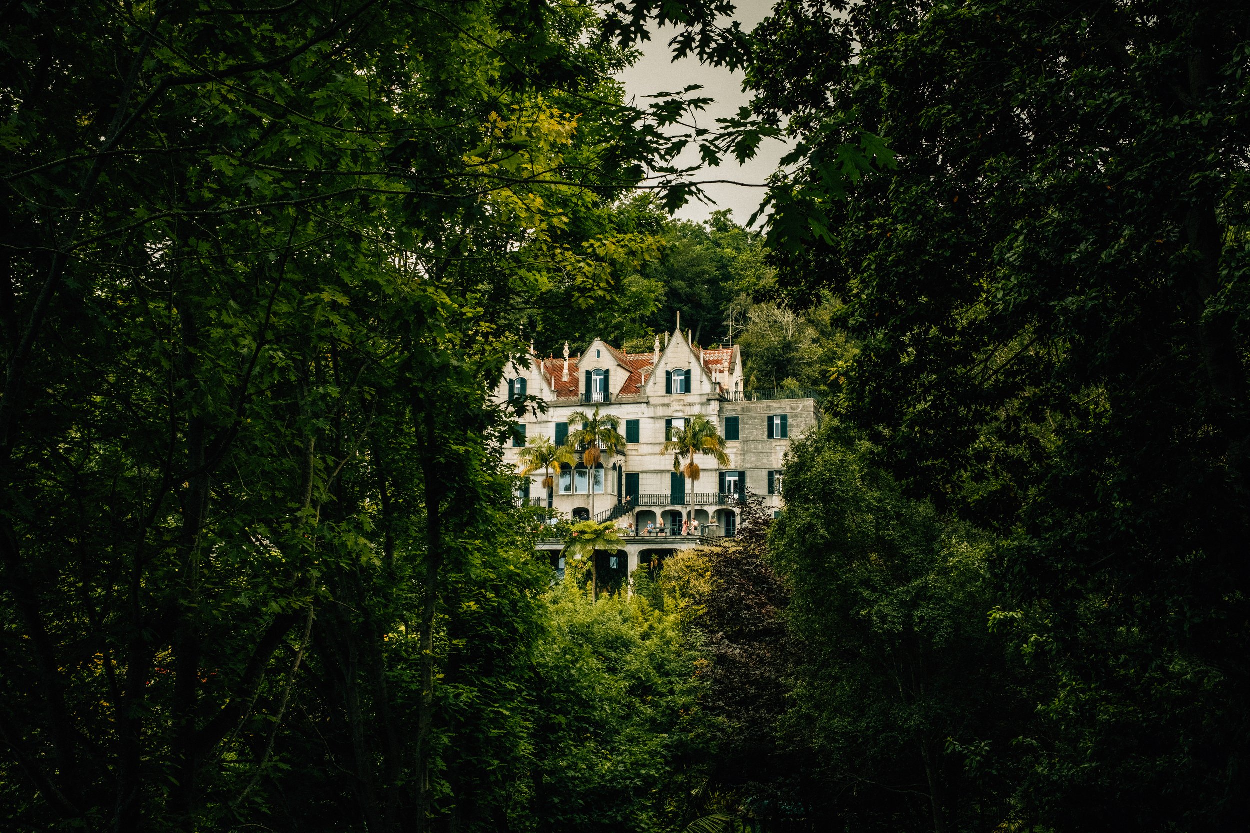 A large, ornate white mansion with multiple gables and a red-tiled roof seen through a dense green forest.