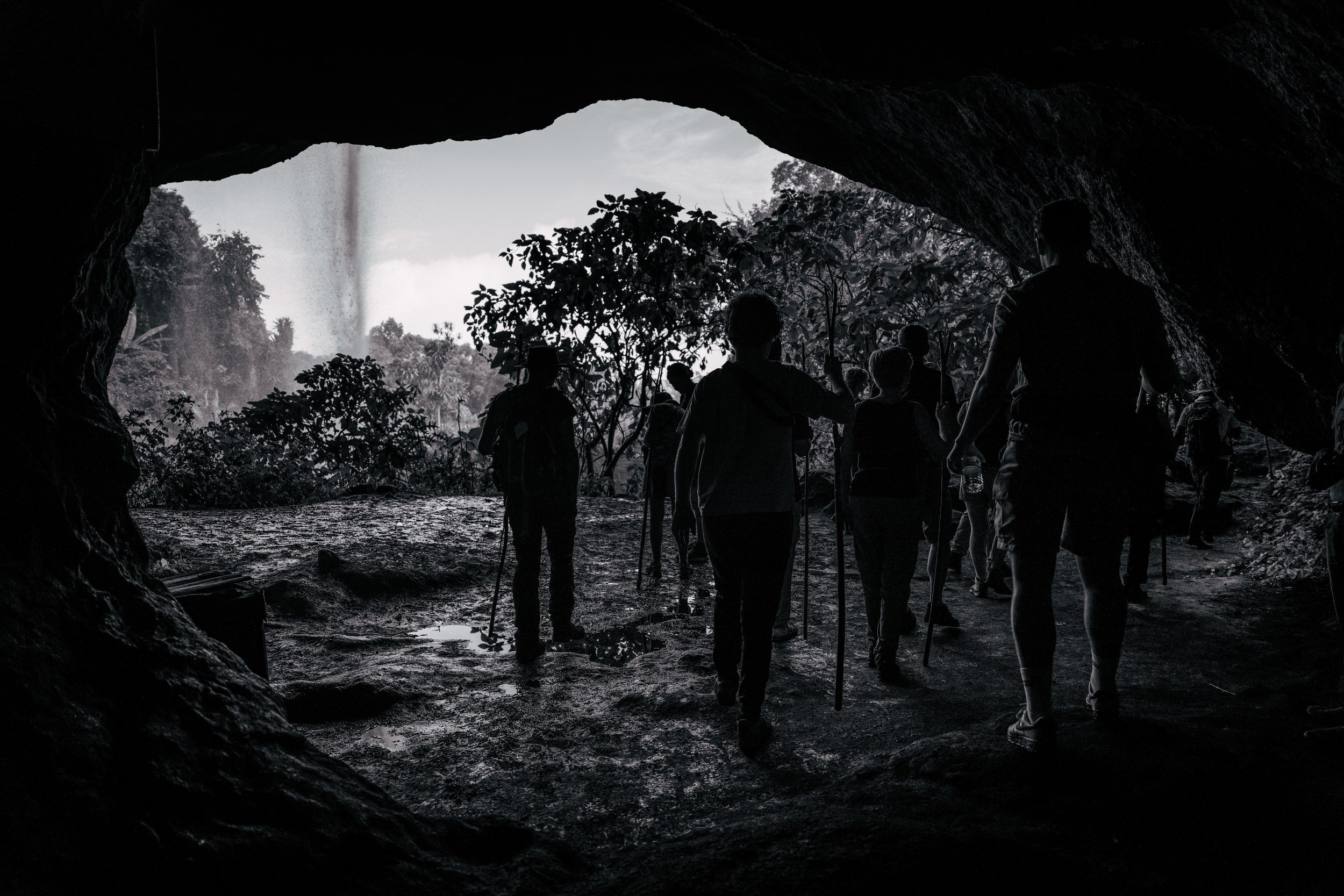 Silhouettes of people inside a dark cave looking out at a rainforest with trees and a waterfall in the distance.