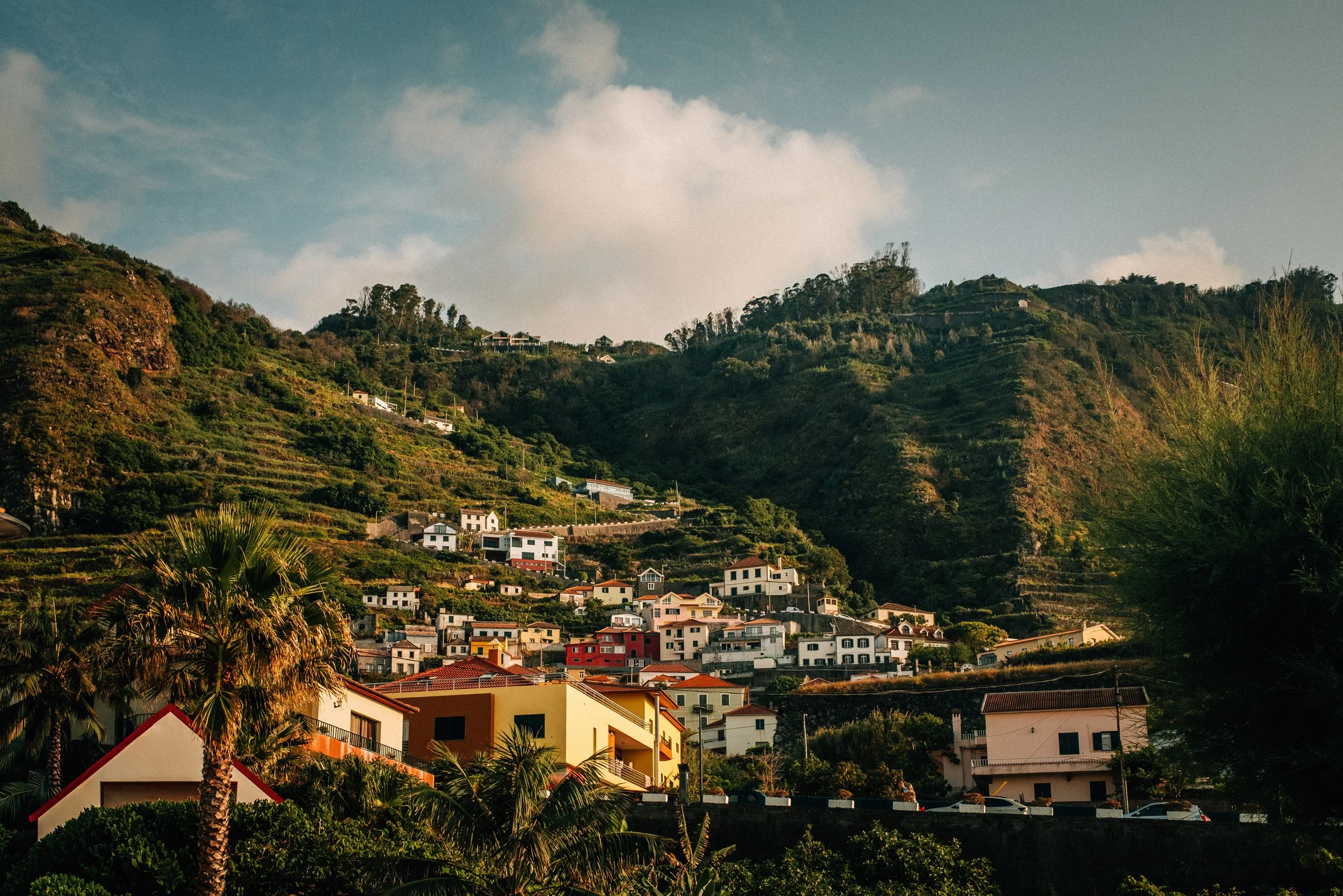 A hillside residential area with houses in various colors, terraced on the slope, under a partly cloudy sky surrounded by green trees and vegetation.
