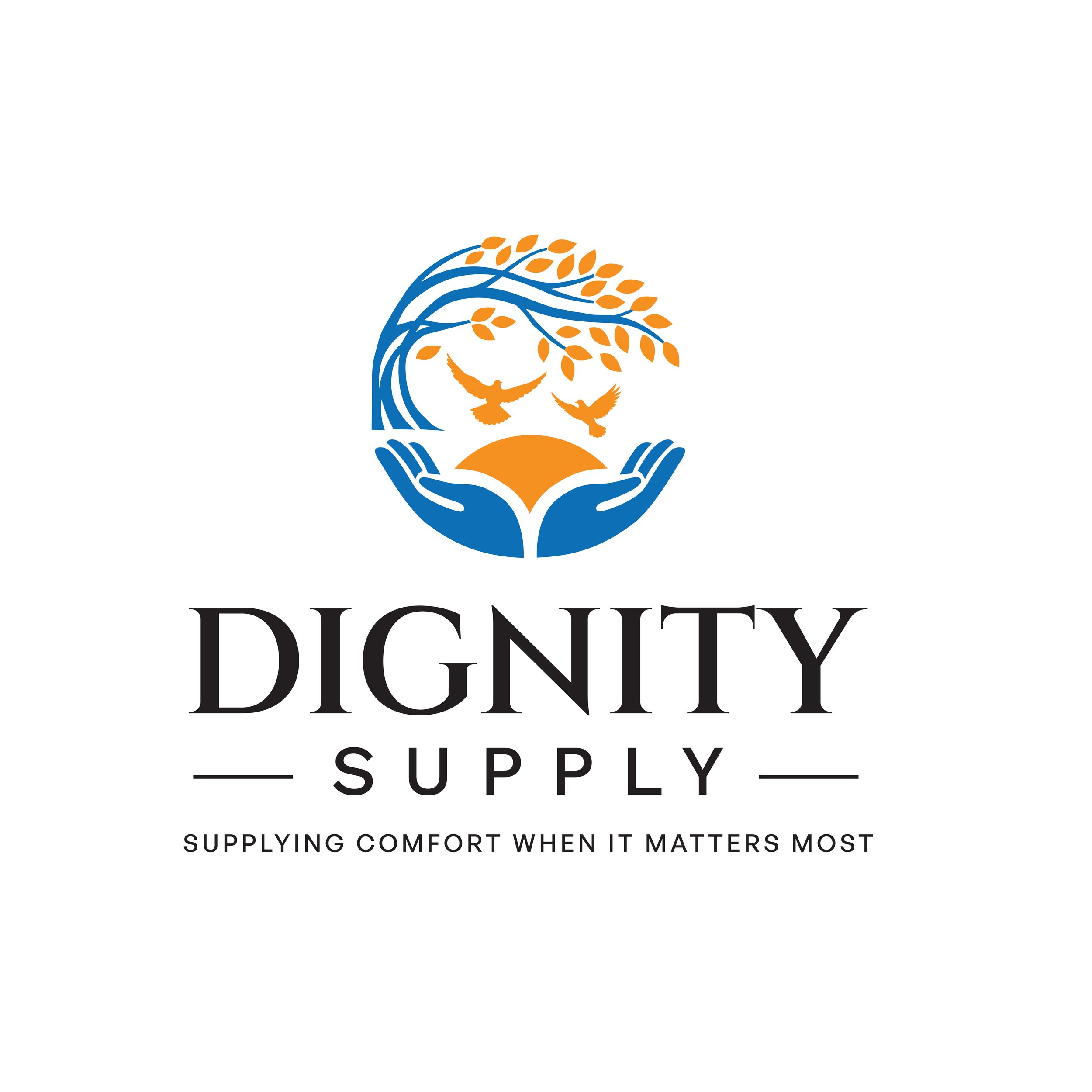 Dignity Supply logo with a stylized tree and flying birds, and the tagline 'Supplying Comfort When It Matters Most'