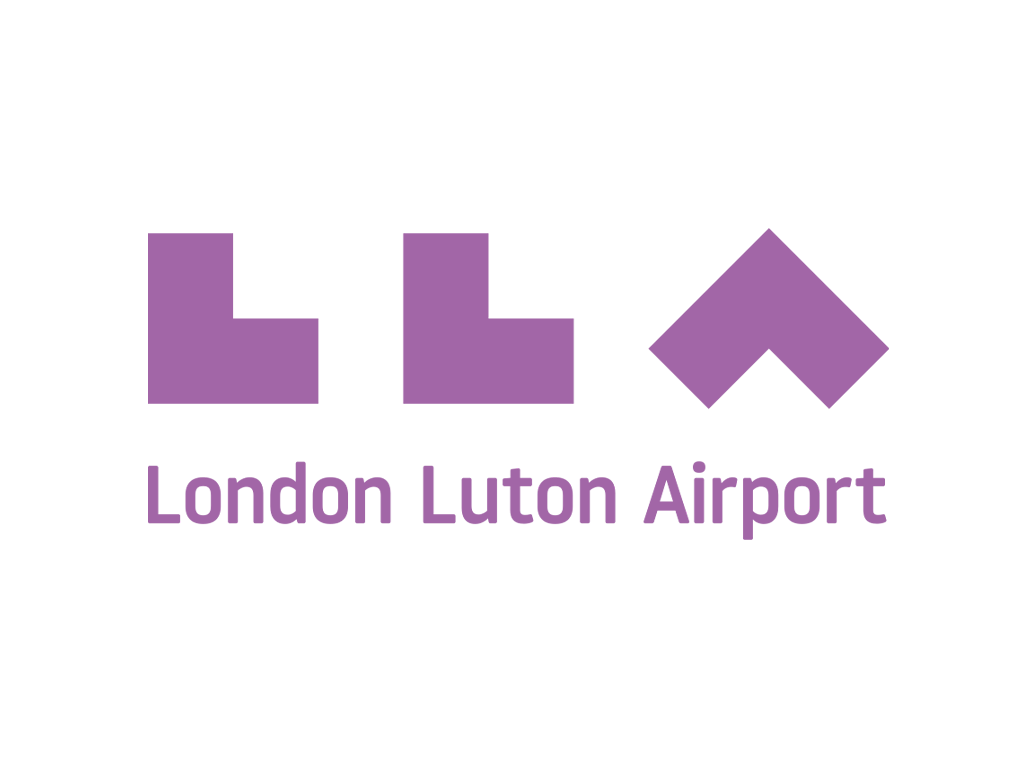 Logo for London Luton Airport with stylized purple 'LLA' initials and the airport's full name below.