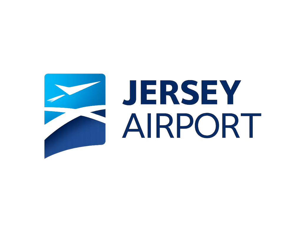 Jersey Airport sign with a blue logo and text.