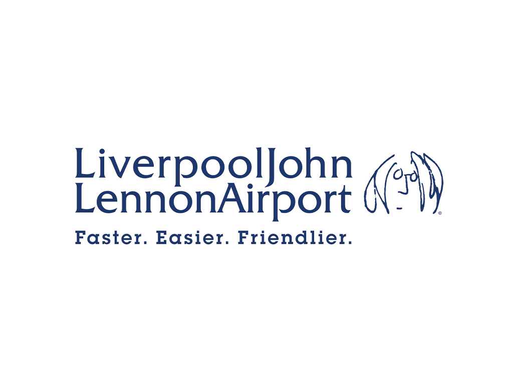 Logo of Liverpool John Lennon Airport with the tagline "Faster. Easier. Friendlier."